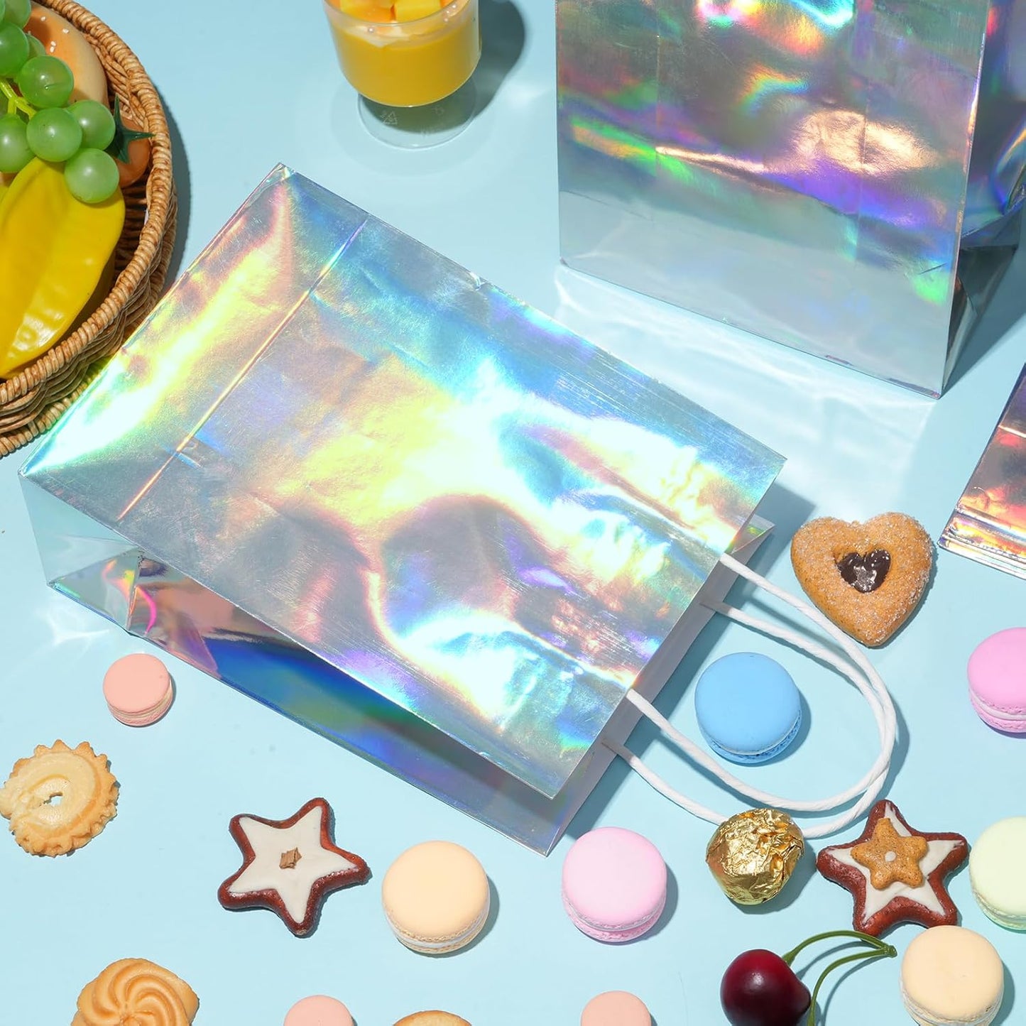 24 Pcs Iridescent Gift Bags Decorations, Holographic Foil Party Favor Bags with Handles, Glitter Paper Candy Goodie Bag with 24 Tissue Paper for Graduation Birthday Baby Shower Party Supplies