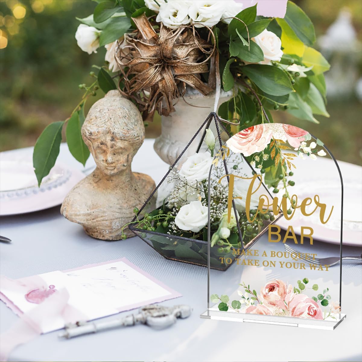 Acrylic Wedding Signs, Flower Bar Desk Decor, Flower Bar Signs for Ceremony, Modern Calligraphy Arch Acrylic Table Top Sign for Wedding Reception and Engagement Parties (Clear Pink Flowers)