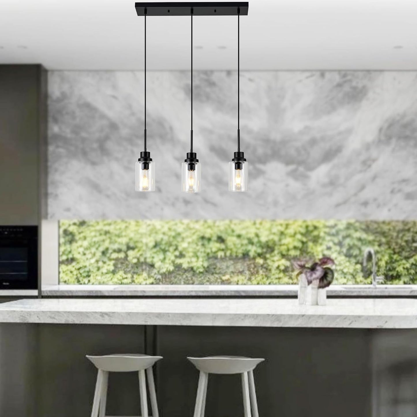 3-Lights Pendant Light Fixtures, Modern Black Kitchen Island Lighting with Clear Glass Shade, Adjustable Hanging Ceiling Lamp