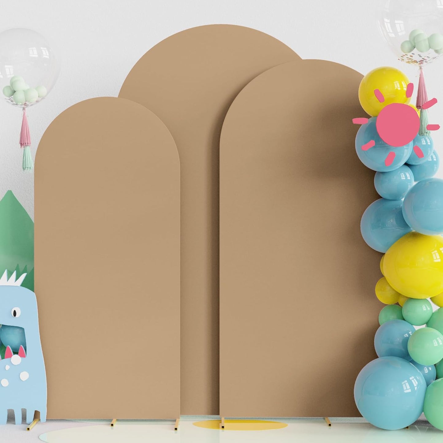 Fomcet Set of 3 Wedding Arch Covers 6FT, 6.6FT, 7.2FT Khaki 2-Sided Round Top Spandex Arch Backdrop Cover Fitted Fabric for Birthday Party Baby Shower Wedding Arch Stand Decoration