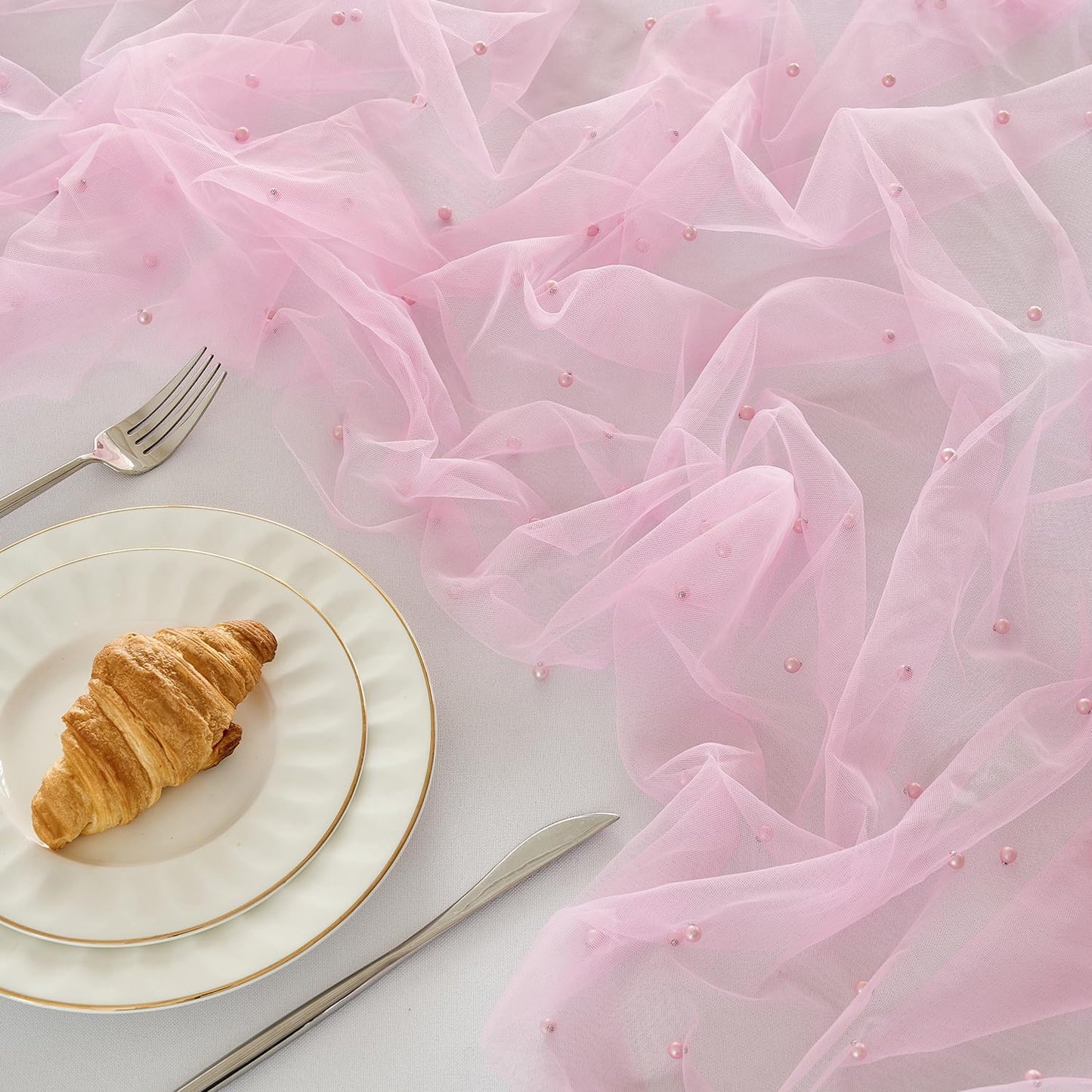 Fanami 1 Pack Pearl Table Runner -10FT Blush Pink Boho Tulle Table Runners 120 Inches Long Rustic Sheer Lace Fabric Centerpieces for Wedding Arch Birthday Party Bridal Veil Baby Shower Decorations