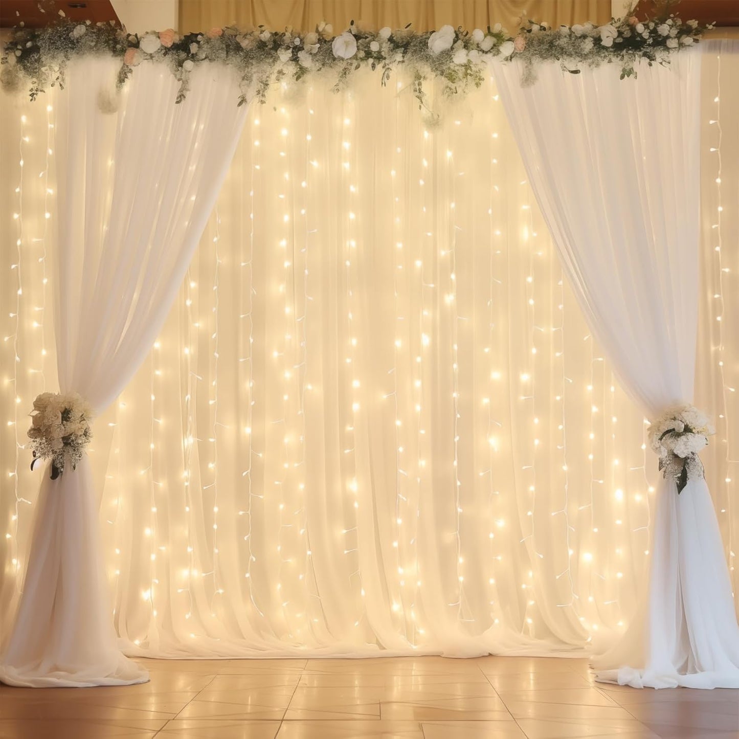 10ft x 10ft White Chiffon Backdrop Curtain with Lights String for Parites Wedding Wrinkle Free Curtain Photo Backdrops Drapes for Baby Shower Birthday Party Home Decorations