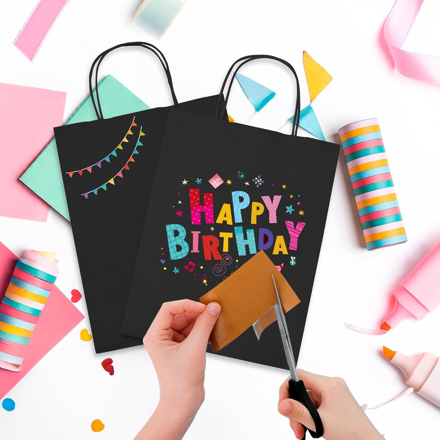 MESHA 100 Pack Black Gift Bags 8x4.25x10.5 Inch Kraft Paper Bags with Handles Bulk Craft Bag Medium Size for Wending Birthday Party Favor Retail Merchandise Bag