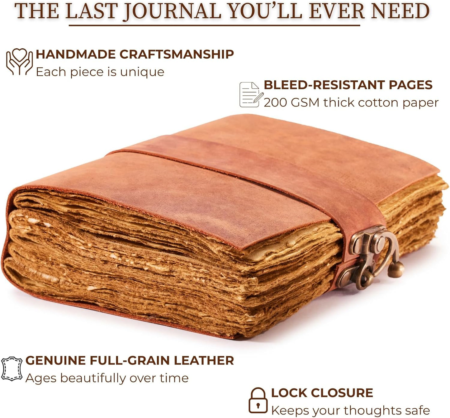 NomadCraftsCo. Vintage Leather Journal - Lock Closure, Book of Shadows Journal, Grimoire Journal, Witch Journal, Vintage Journal 240 pages Antique Deckle Edge Paper