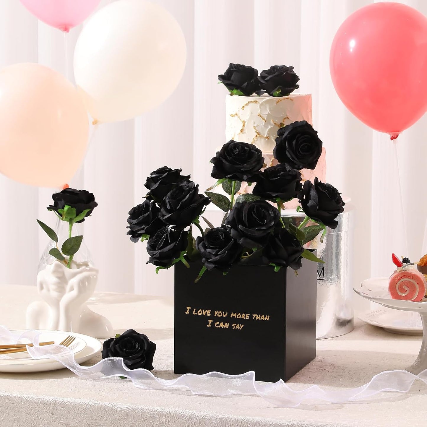 Tifuly Black Roses Artificial Flowers -12 pcs Realistic Single Long Stem Fake Silk Roses Bouquet for Party Home Wedding Centerpiece Office Halloween DIY Decor