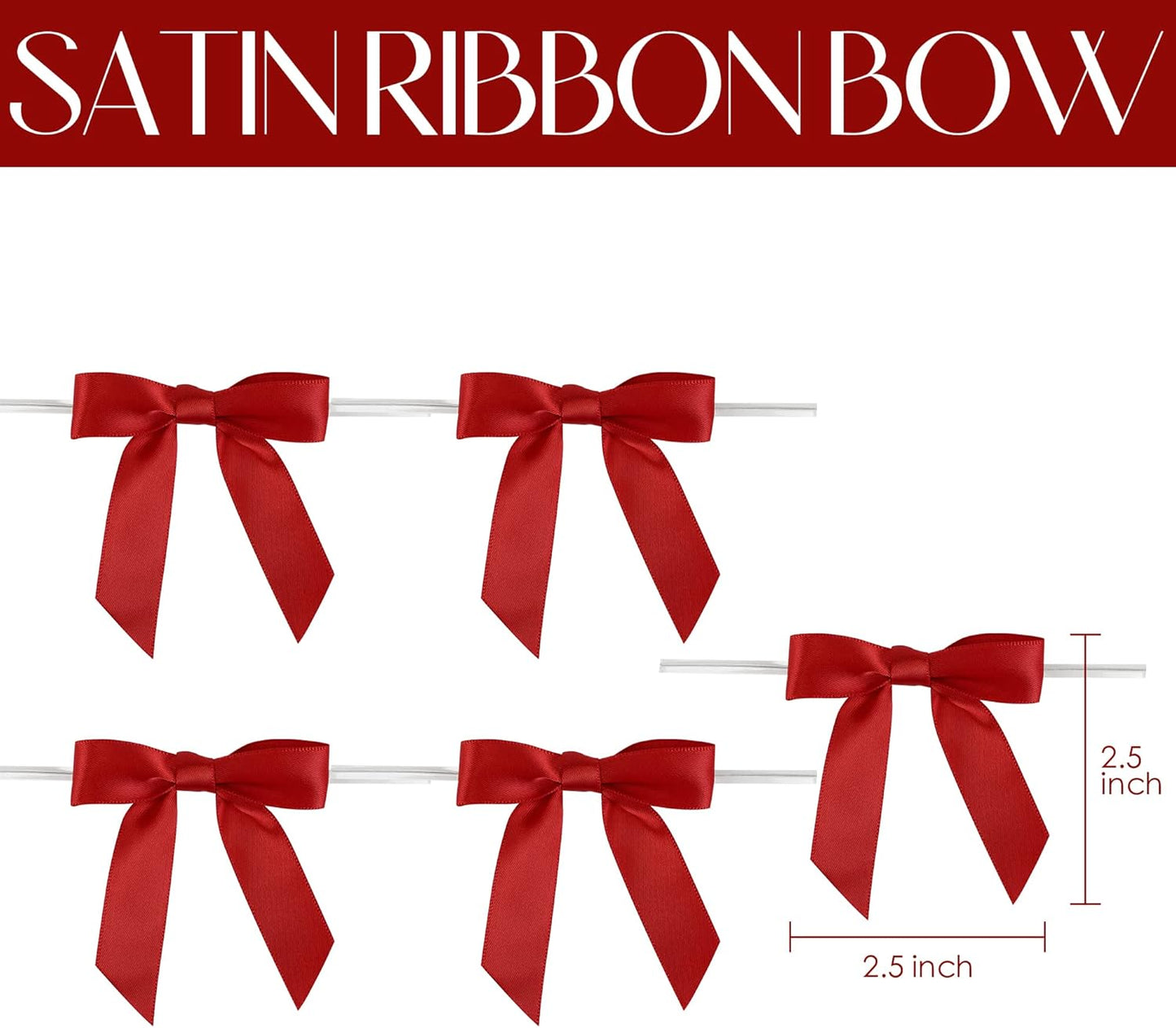 AIMUDI Red Bows 2.5" Satin Bow for Gift Wrapping Twist Tie Bows for Wedding Favors Candy Apples Party Valentine's Day Christmas Decorations - 50 Counts
