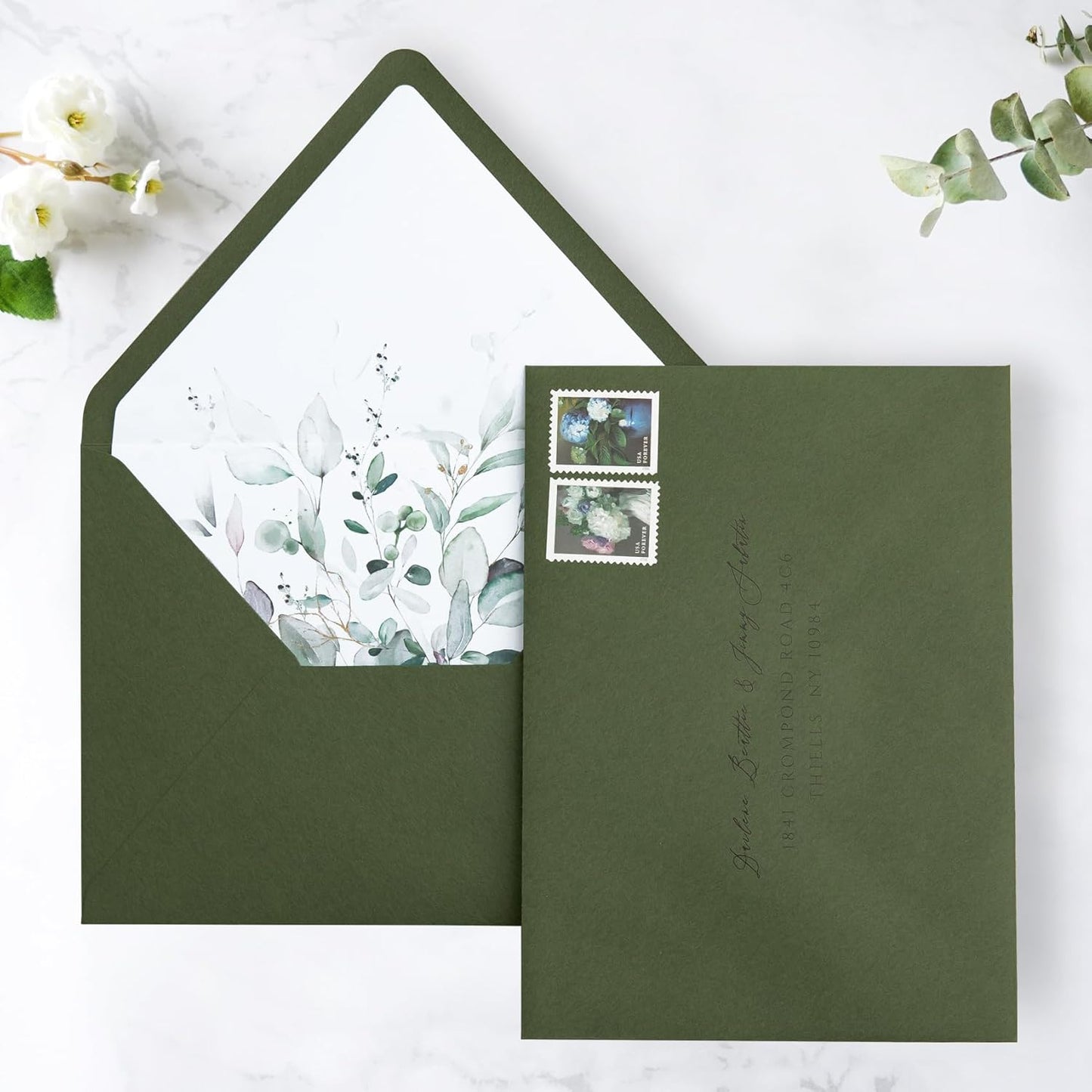 PONATIA 50PCS A7 Euro Flap Envelope, 5.25 x 7.25'' Olive Green Flowers Liner Envelopes for Wedding Invitations, Photos, Postcards, Greeting Cards, Christmas Gift, Acrylic Mailing, 5 x 7 Envelopes