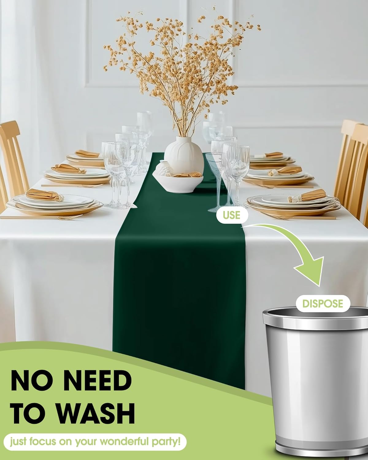 Pureegg Emerald Green Plastic Table Runners - 10 Pack, 14'' x 108'', Water Resistant & Disposable Centerpiece Decorations for Table Cloth, Wedding, Birthday, Holiday, Baby Shower, Party, Home Decor