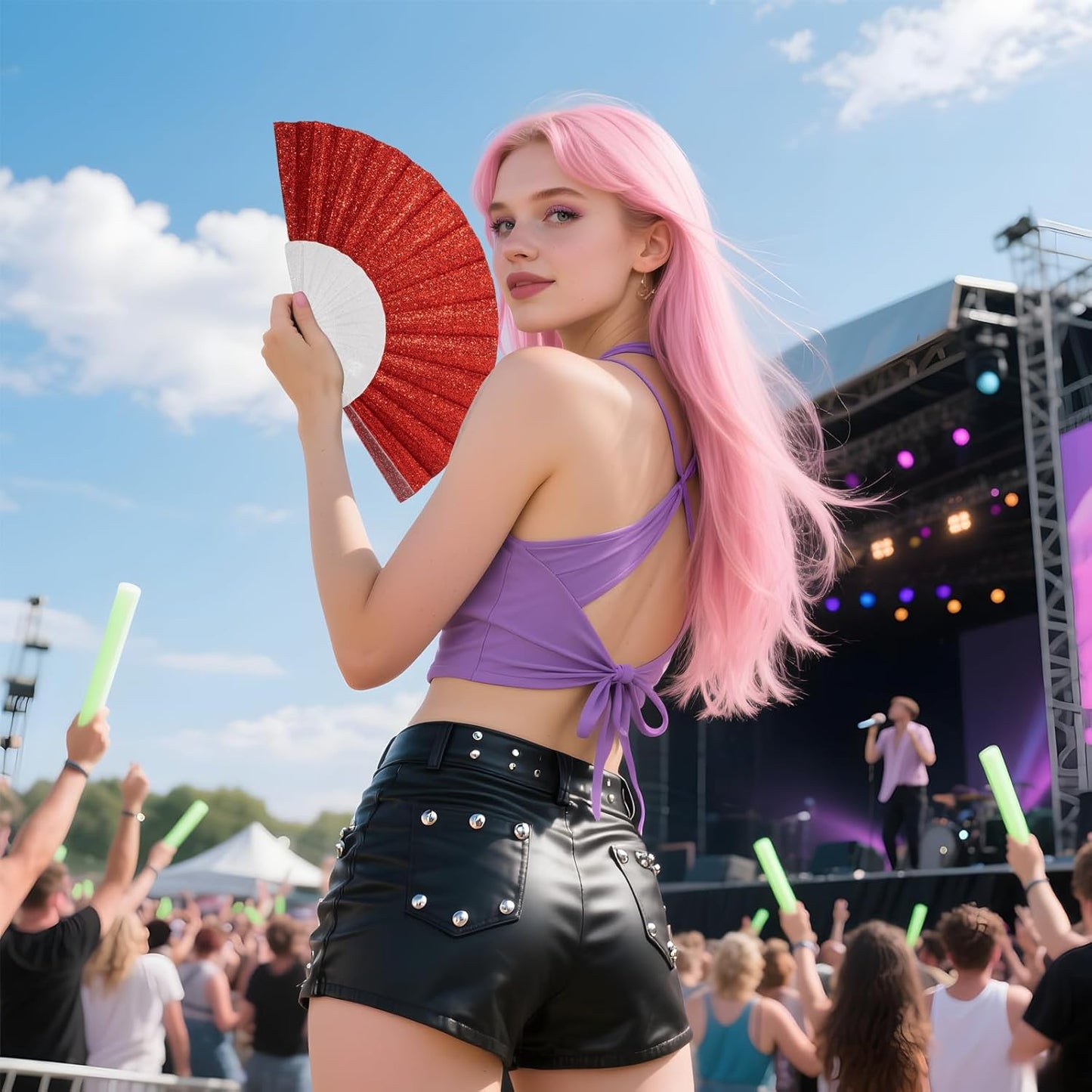 24 Pack Handheld Fan,Folding Hand Glitter Fan with Shining Transparent Fan Rib – Ideal for Wedding, Church, Festival, Dance, Tea Party, Club, and EDM Accessories, Red