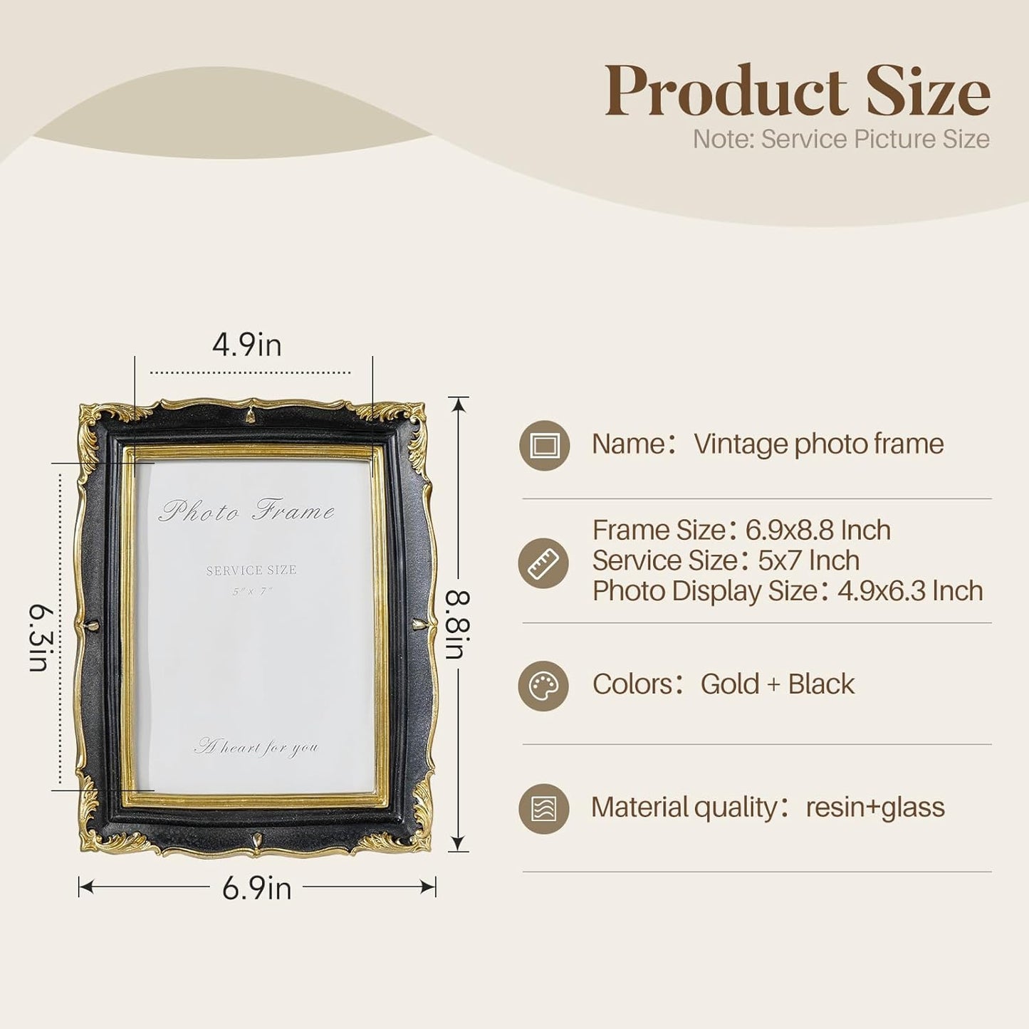Cuspin Vintage Picture Frame 5x7 Black and Gold Frame, Ornate Textured Hand-Crafted Resin Photo Frames with Glass Front, Decorative Picture Frame for Wall & Tabletop, Antique Frame Home Decor