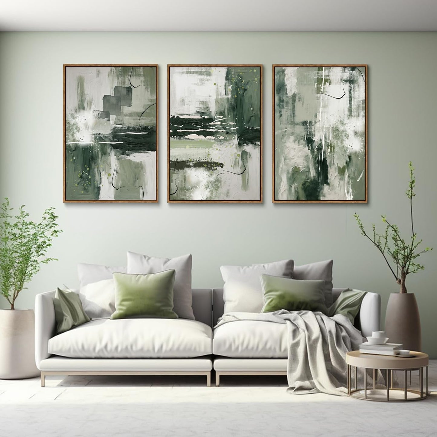 myusuar 3 Piece Large Modern Abstract Canvas Framed Wall Art For Living Room, Sage Green Minimalist Wall Art Decor Posters Prints For Bedroom Office, 12x16in