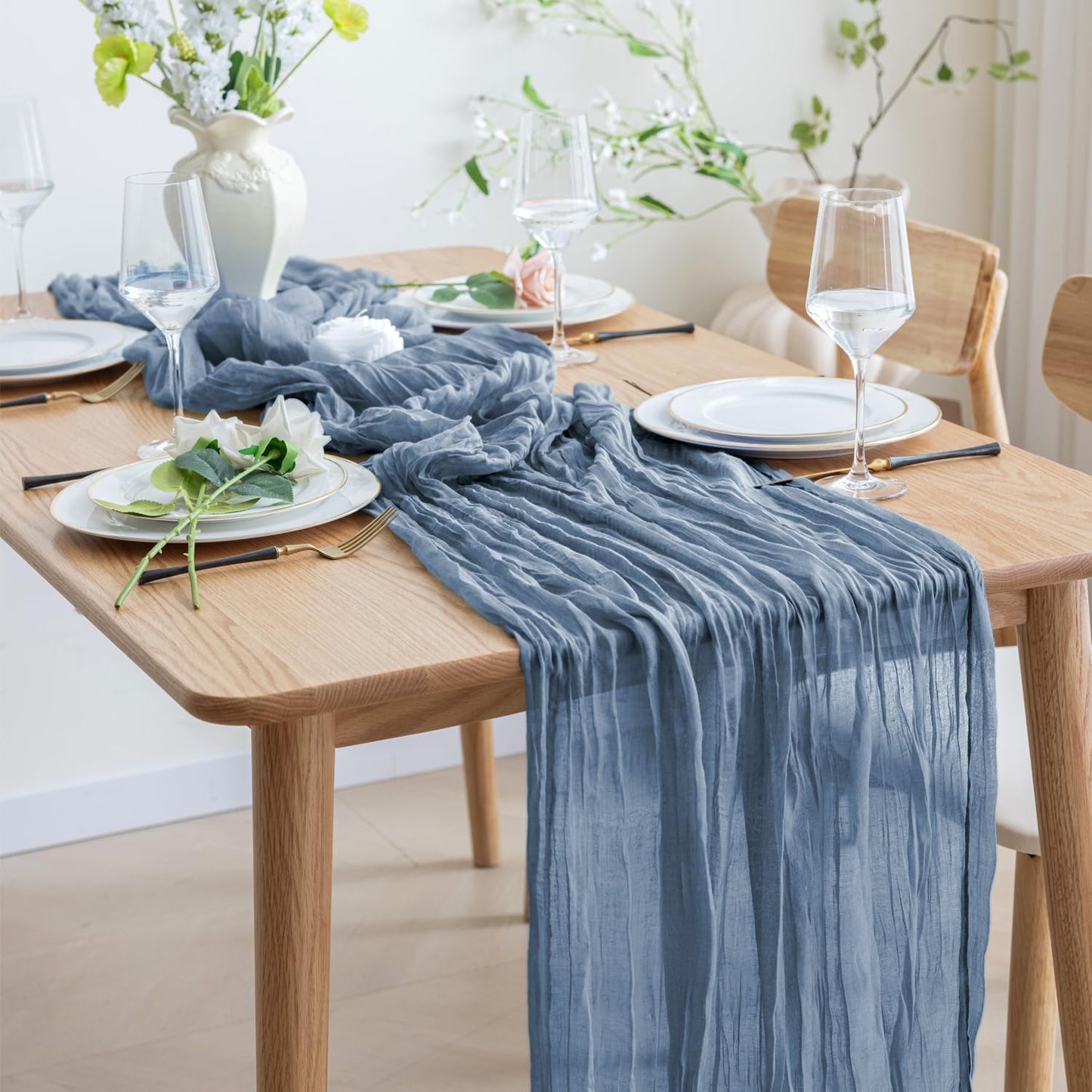 Asee'm 4pcs Cheesecloth Table Runner 120 Inches Long Dusty Blue Boho Gauze Cheese Cloth Runner 10FT Rustic Sheer Table Runners for Christmas Wedding Party Baby Shower Spring Easter Decoration