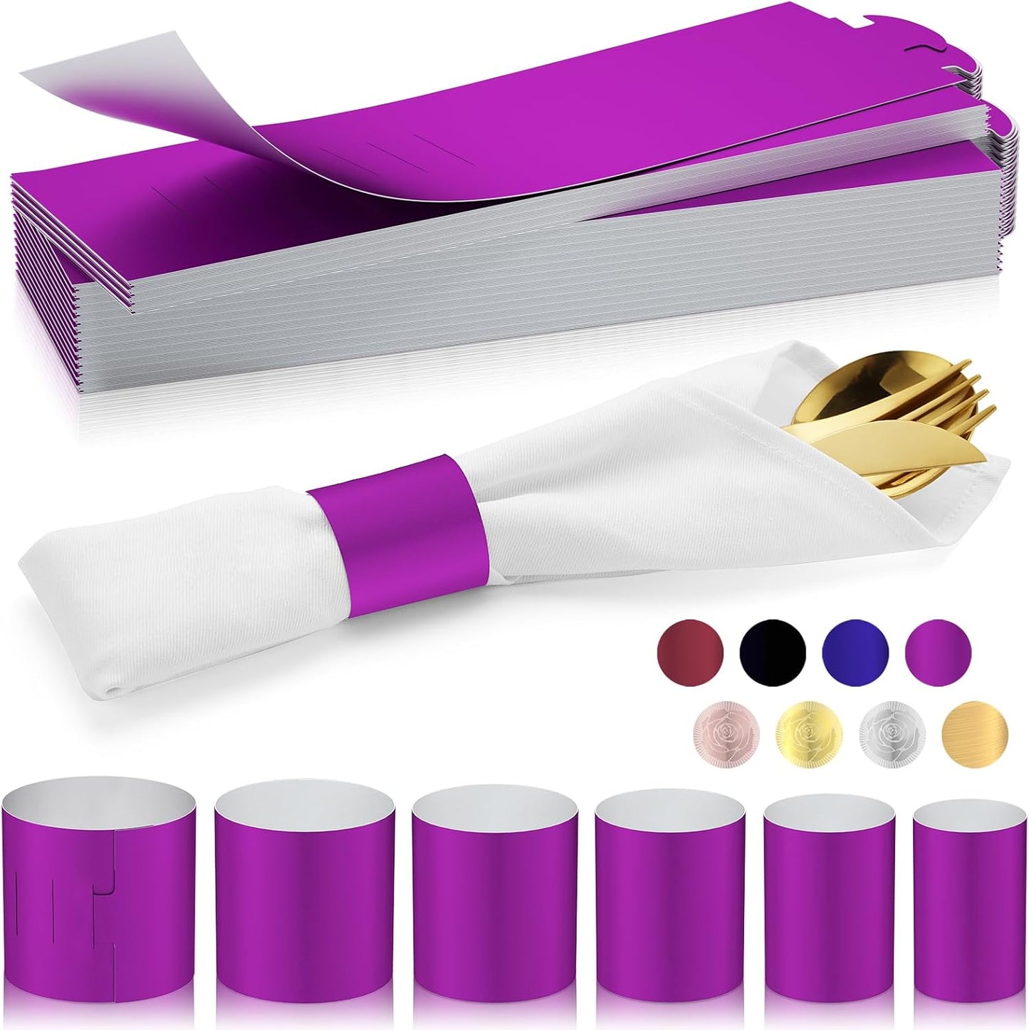 Polymer Material Reusable Napkin Band, Glue-Free Tear-Proof Water Resistant Oil-Proof Napkin Bands Set of 200(Front Purple Color and Back White), 6 Adjustable Sizes Napkin Rings