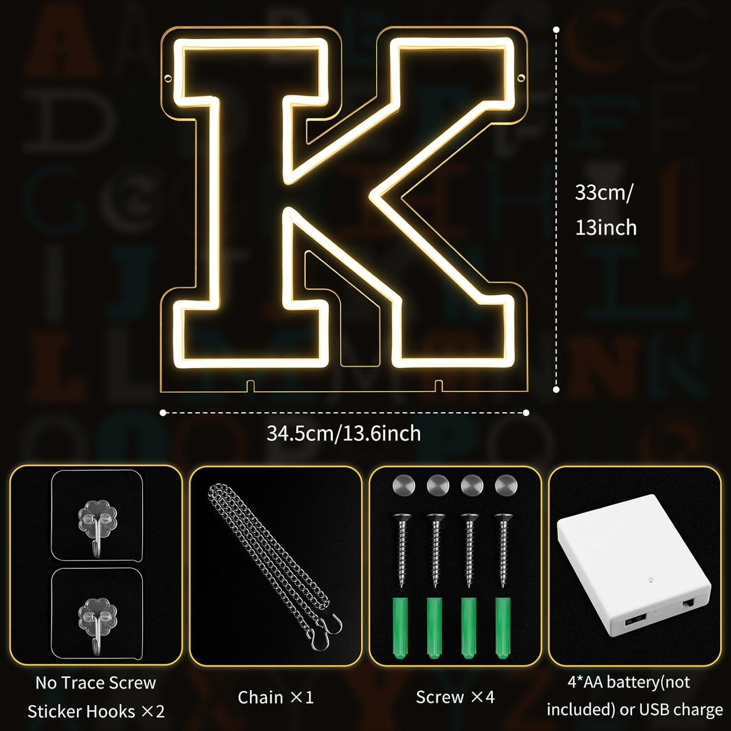 Light Up Letters K, Led Marquee Letter Lights Neon Sign, 13" Height Decorative Lighted Alphabet Number, Battery/USB Powered Led Letters Lights for Wedding, Birthday, Party, Christmas or Home Decor