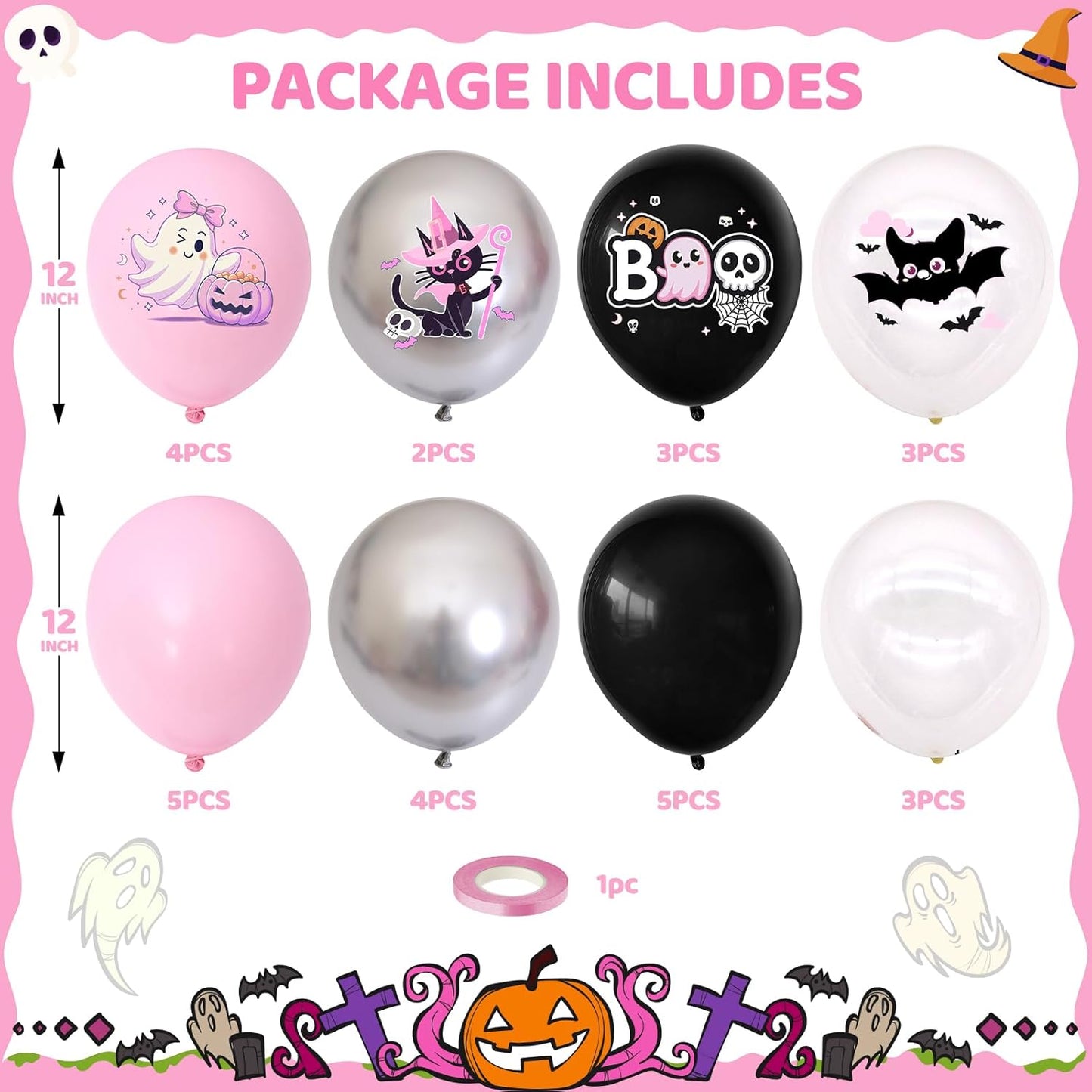 Halloween Party Balloons Decorations,12 Inch Pink and Black Balloons Set Pink Silver Print Balloon Cute Balloon for Halloween Themed Party Supplies