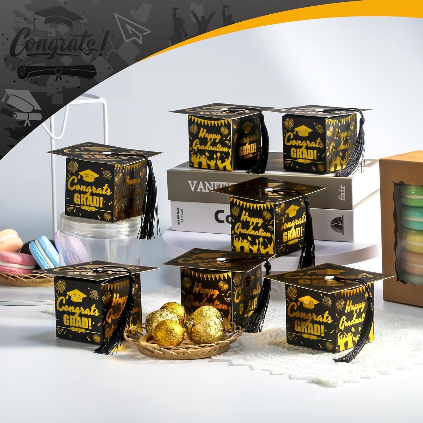 COTOPHER 36 Pack Mini Graduation Cap Gift Boxes, Class of 2025 Graduation Candy Boxes with Tassel, Small Treat Chocolate Box Centerpieces for Tables Party Decorations Graduate Favors Supplies