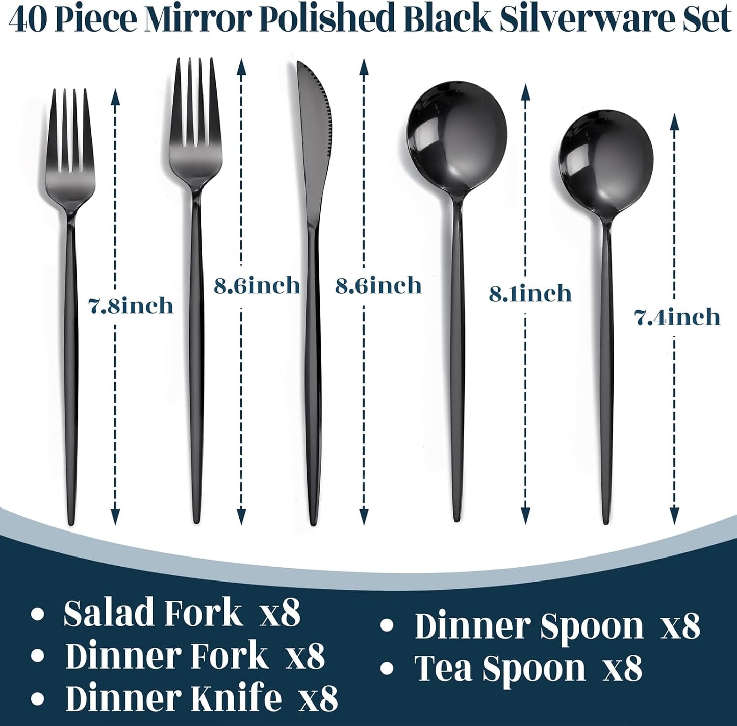 NOCCUR 40-Piece Stainless Steel Black Silverware Set for 8 - Black Utensils Set Include Knives Spoons and Forks for Home&Party