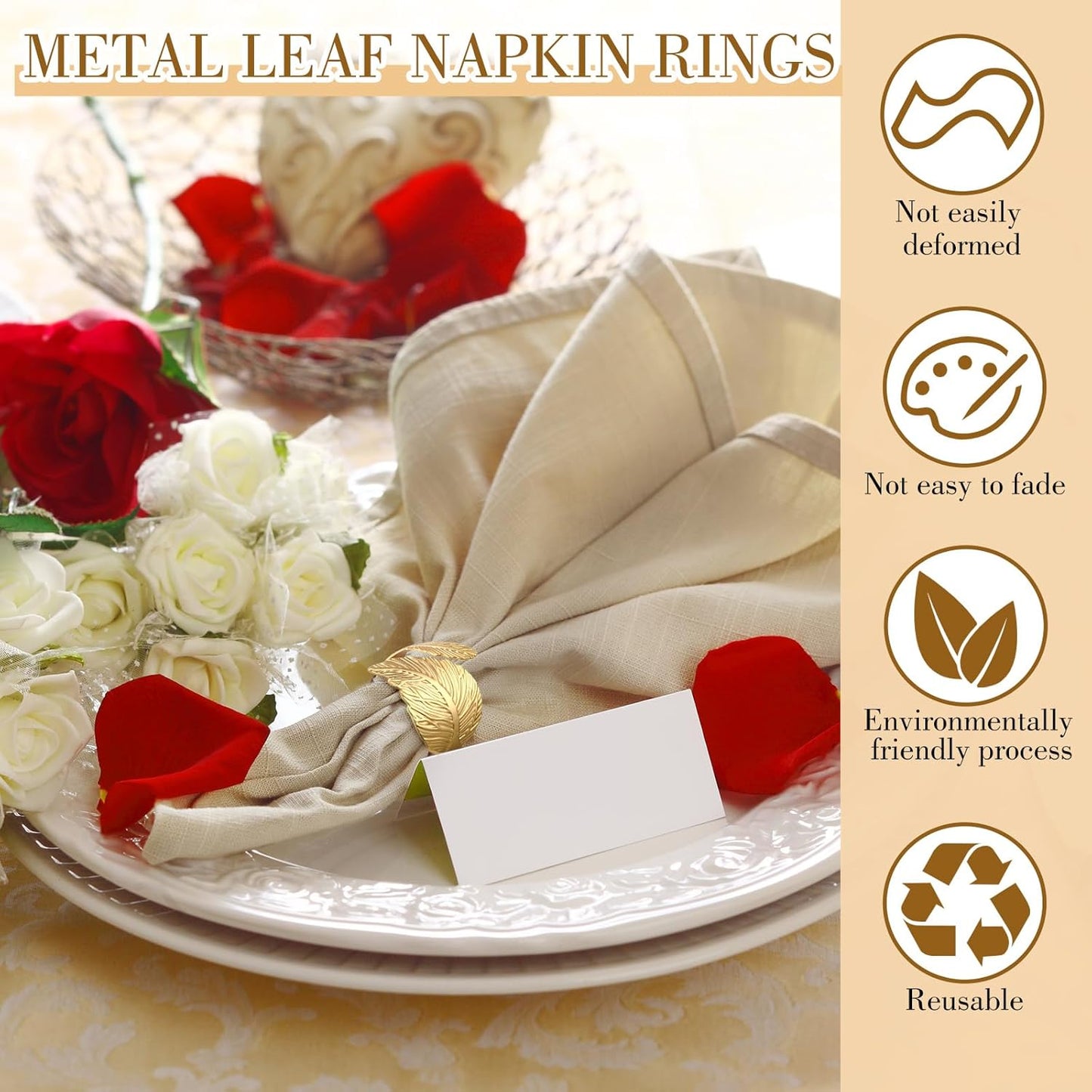 Bokon 50 Pcs Gold Napkin Rings Metal Leaf Napkin Holders Delicate Rings Bulk for Wedding Birthday Party Banquet Decoration(Willow Leaves)