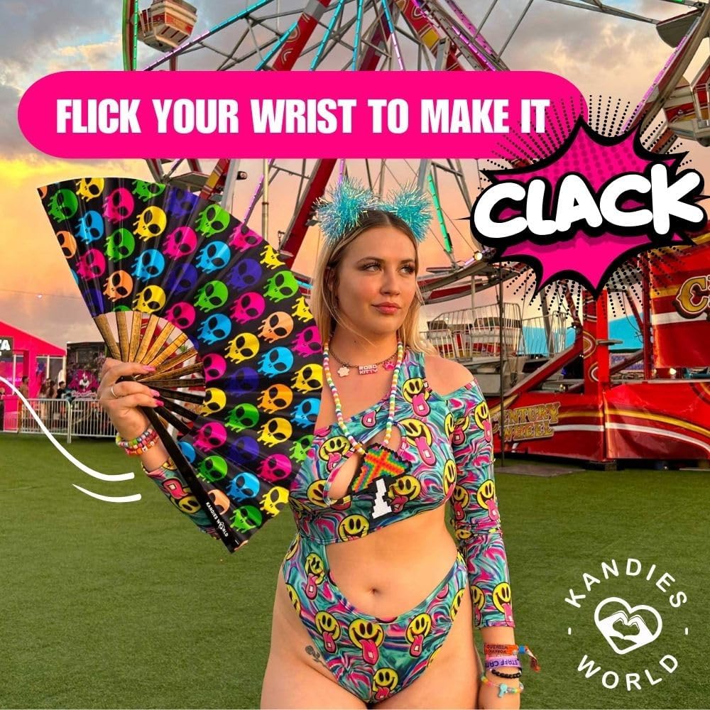 Kandies World UV Reactive Custom Festival Folding Hand Fan - Unique Designs, Made of Bamboo, Clacking Sound, Lightweight - Perfect Rave and Festival Accessory!