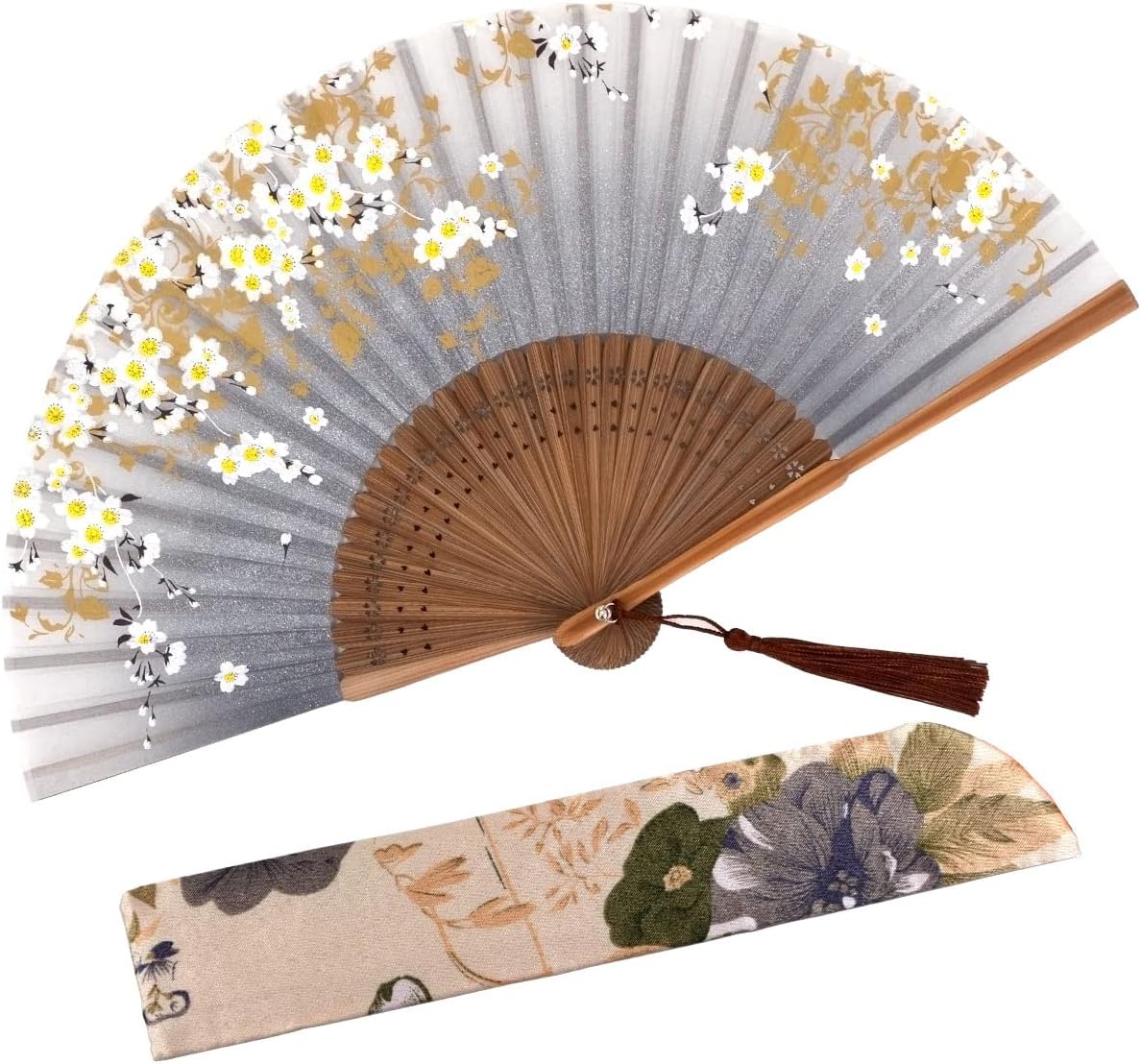 Amajiji Small Folding Hand Fan for Women, Chinese Japanese Vintage Style Bamboo Silk Fans for Party Wedding Dancing Decoration Gift Performance (AM-13)