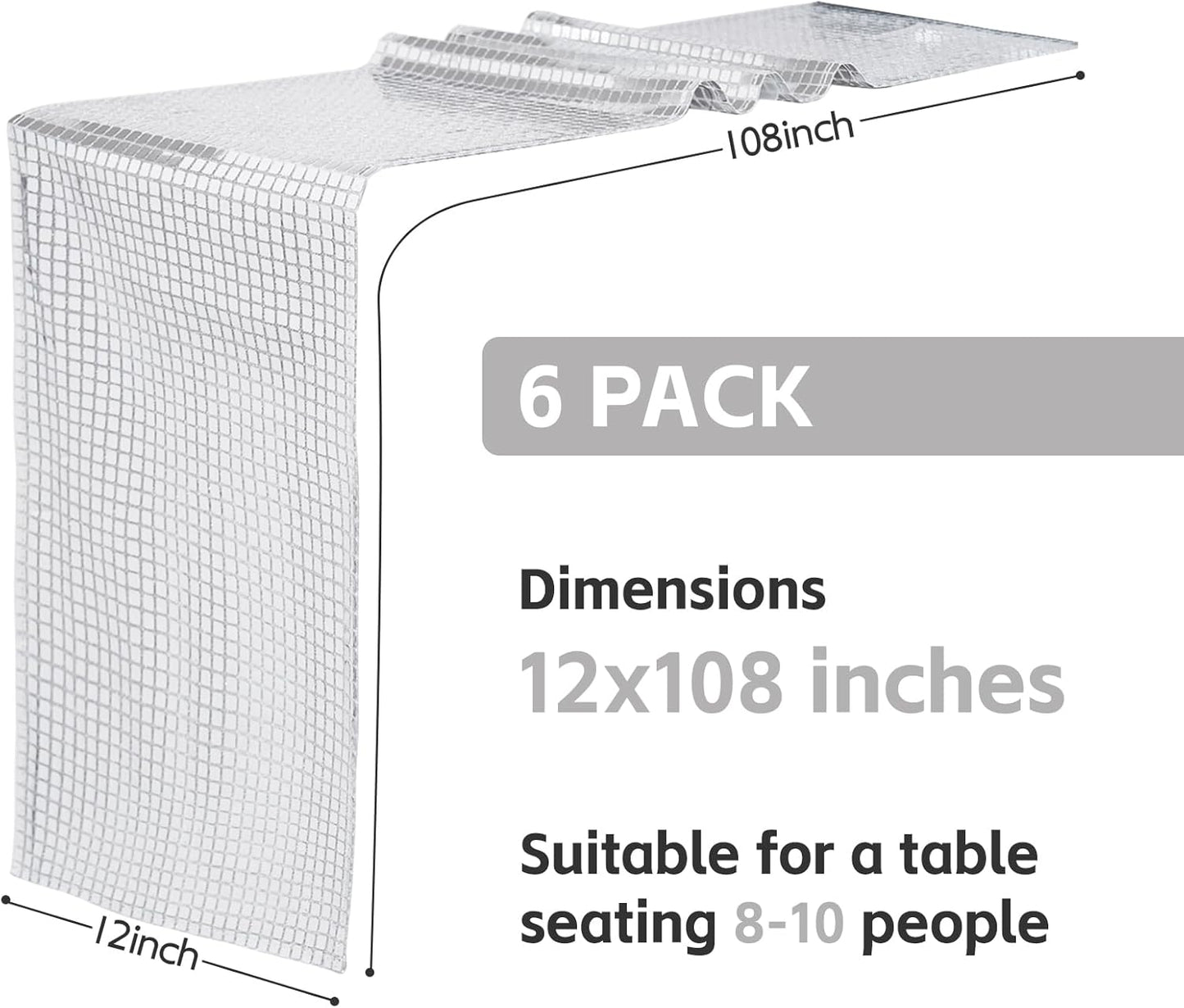 SquarePie Disco Table Runner 6 Pack - Silver Mirror Sequin Glitter Foil Runner for Disco Party Decor Retro 70s 80s Theme, Bachelorette Birthday Dance Decoration 12x108 Inch