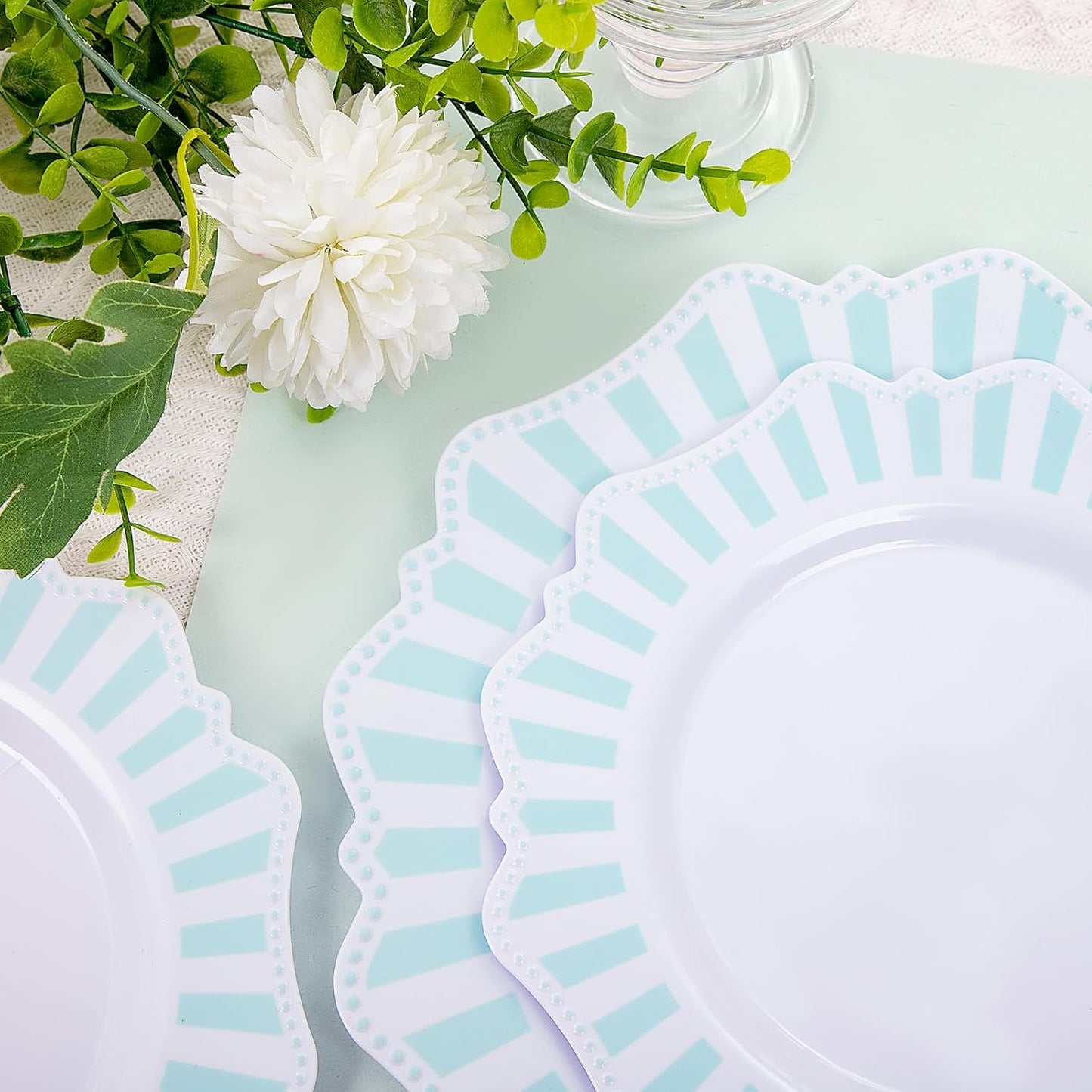 COLOSUS 150pcs Disposable Blue and White Striped Easter Plastic Party Plates and Silverware set, Light Blue Dinner/Dessert Plates silverware serve 30guests for Birthday Wedding Party and Daily use.