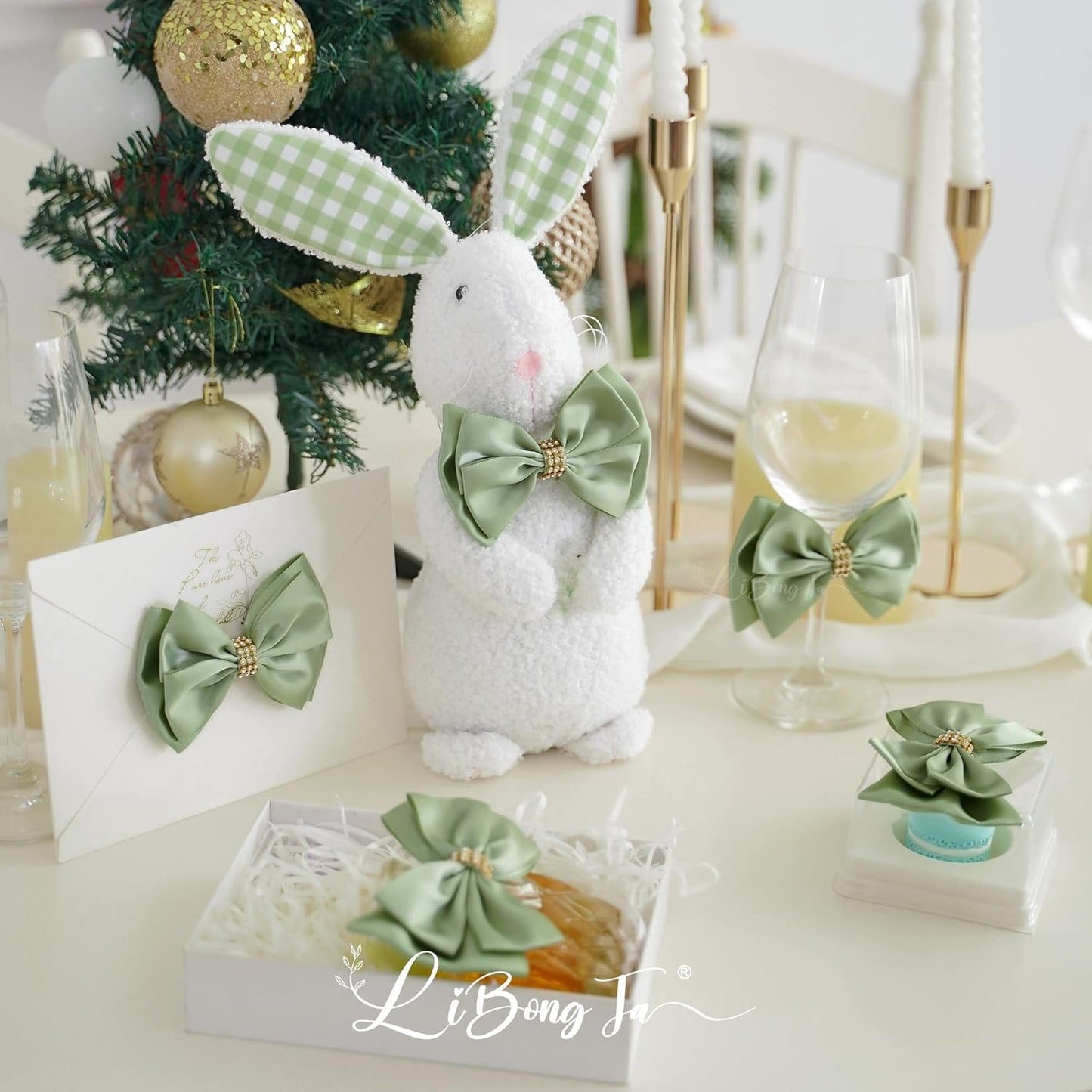 Sage Green Bows 4'' Premade Satin Ribbon Bow, Gift Bows with Rhinestone, Wrapping Bows for Presents, Greeting Cards, Treat Bags, Wine Bottles, Valentines Bows for Gift Wrapping-12 Counts