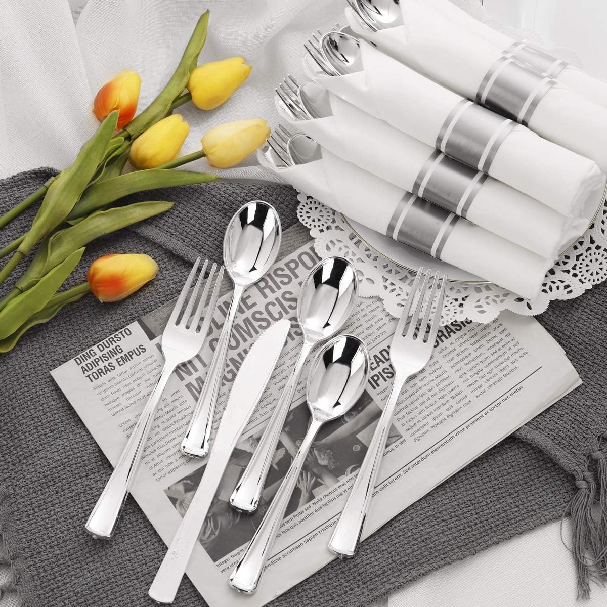 400PCS Wrapped Silver Plastic Silverware Sets - Heavy Duty Plastic Silverware Include Pre Rolled Disposable Utensils with Napkins for Parties & Dinners & Weddings