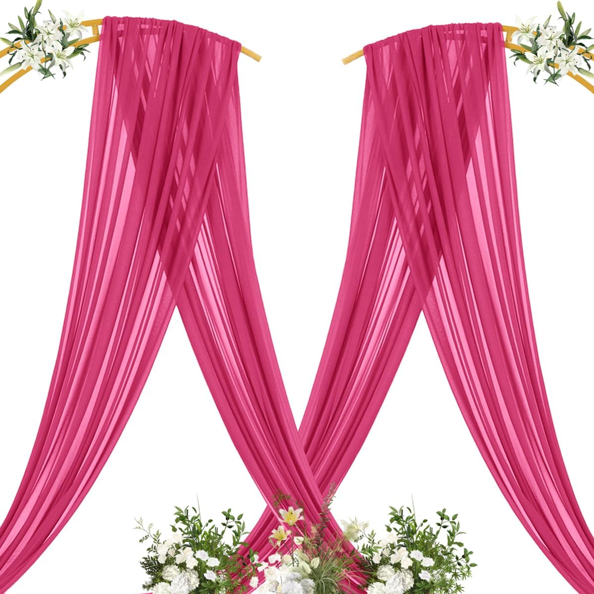 MLMC Hot Pink Wedding Arch Draping Fabric 2 Panels 29" x 20 FT Extra Long Gauze Drapes Sheer Backdrop Curtains 6.6 Yards Outdoor Drapery Panels for Wedding Ceremony Party Ceiling Decoration