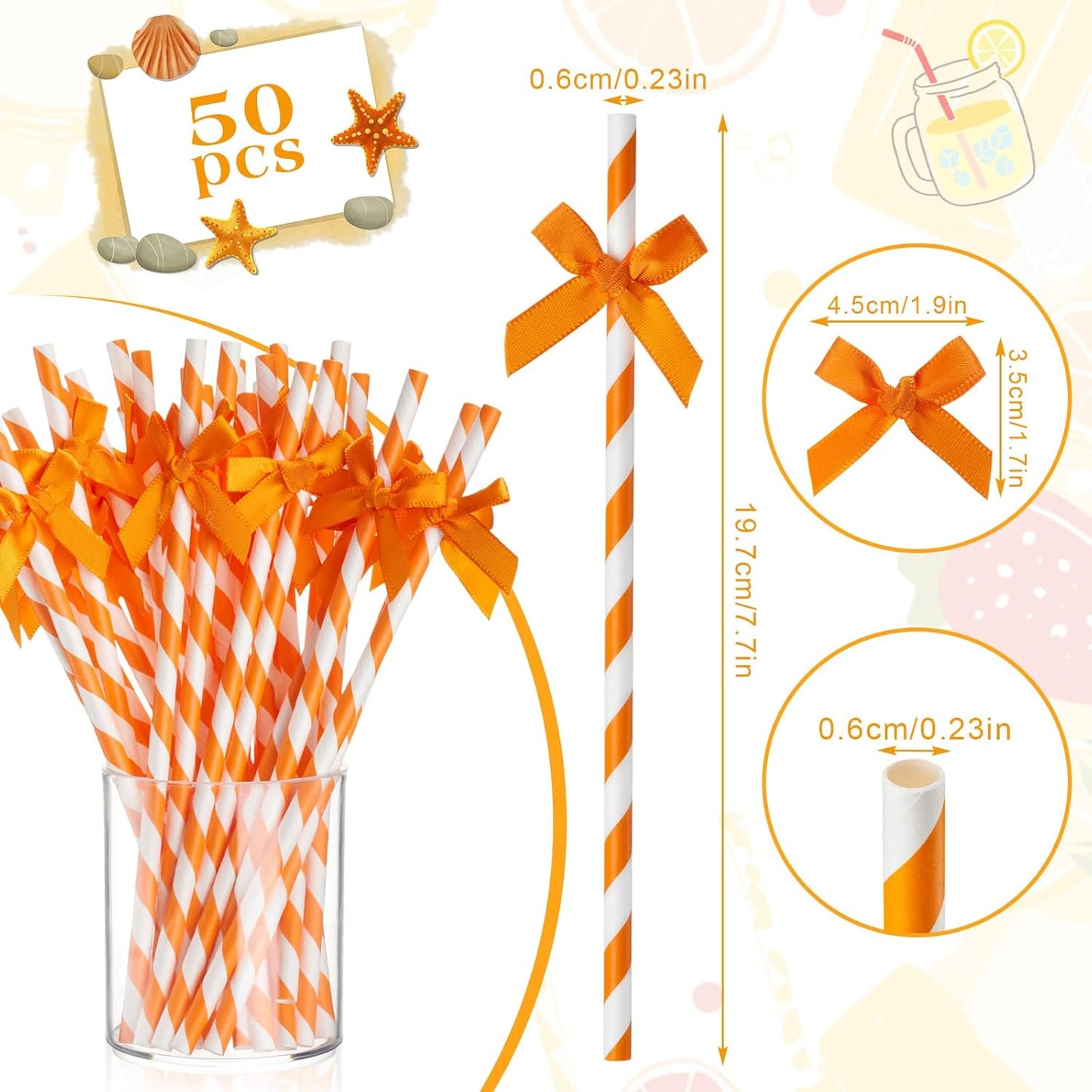 50 Pcs Fall Orange Paper Bow Straws for Drinking, Halloween Disposable Striped Paper Straws Bulk Autumn Theme Birthday Party Supplies for Wedding Cake Decorations Bachelorette Bridal Shower