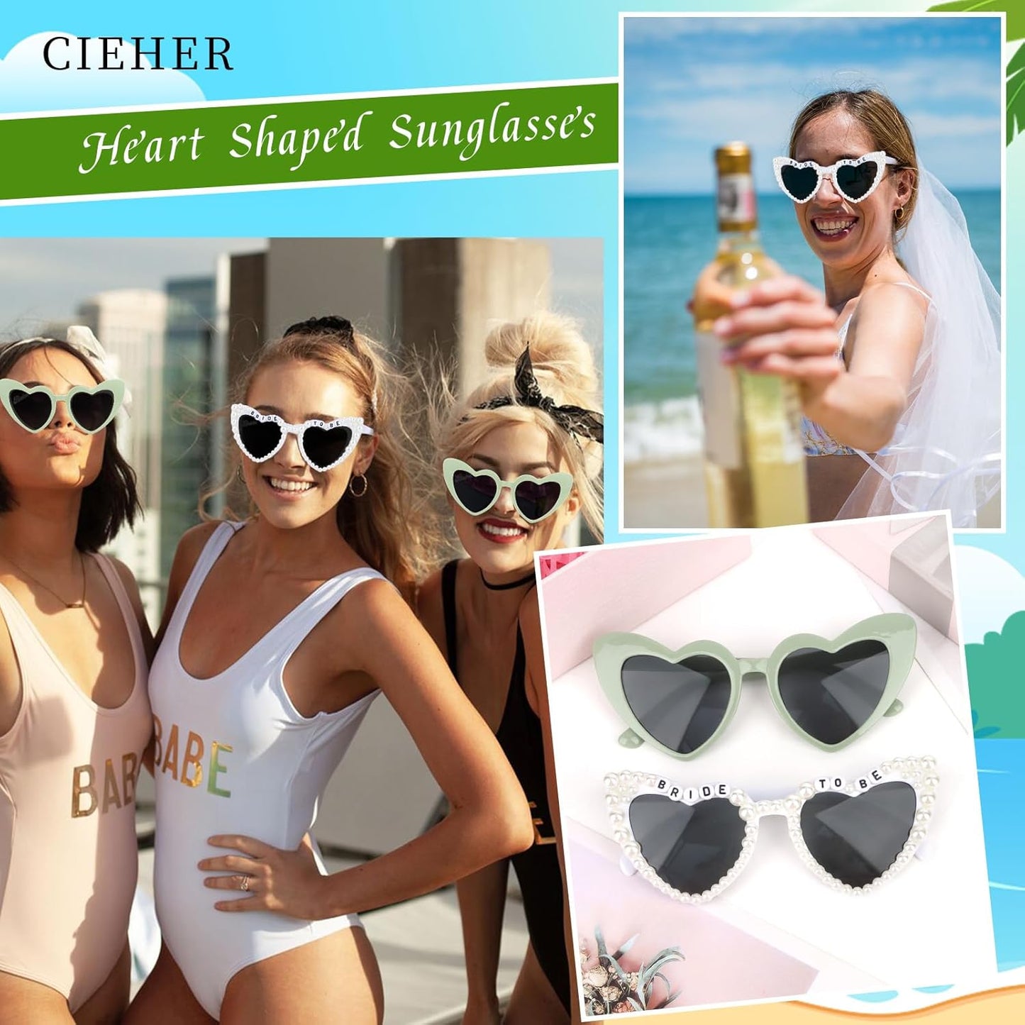 CIEHER Bachelorette Party Favors - White Black Heart Sunglasses for Bride Bridesmaid
