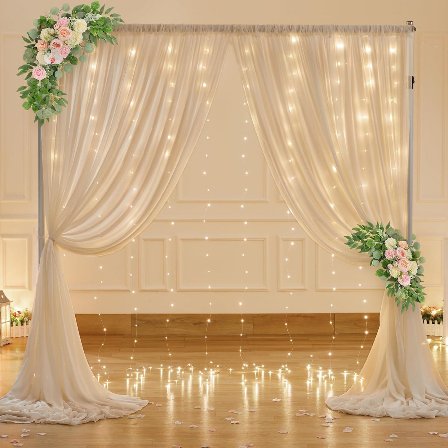 10ft x 7ft Champagne Chiffon Backdrop Curtain with Lights String for Parites Wedding Wrinkle Free Curtain Photo Backdrops Drapes for Baby Shower Birthday Party Home Decorations