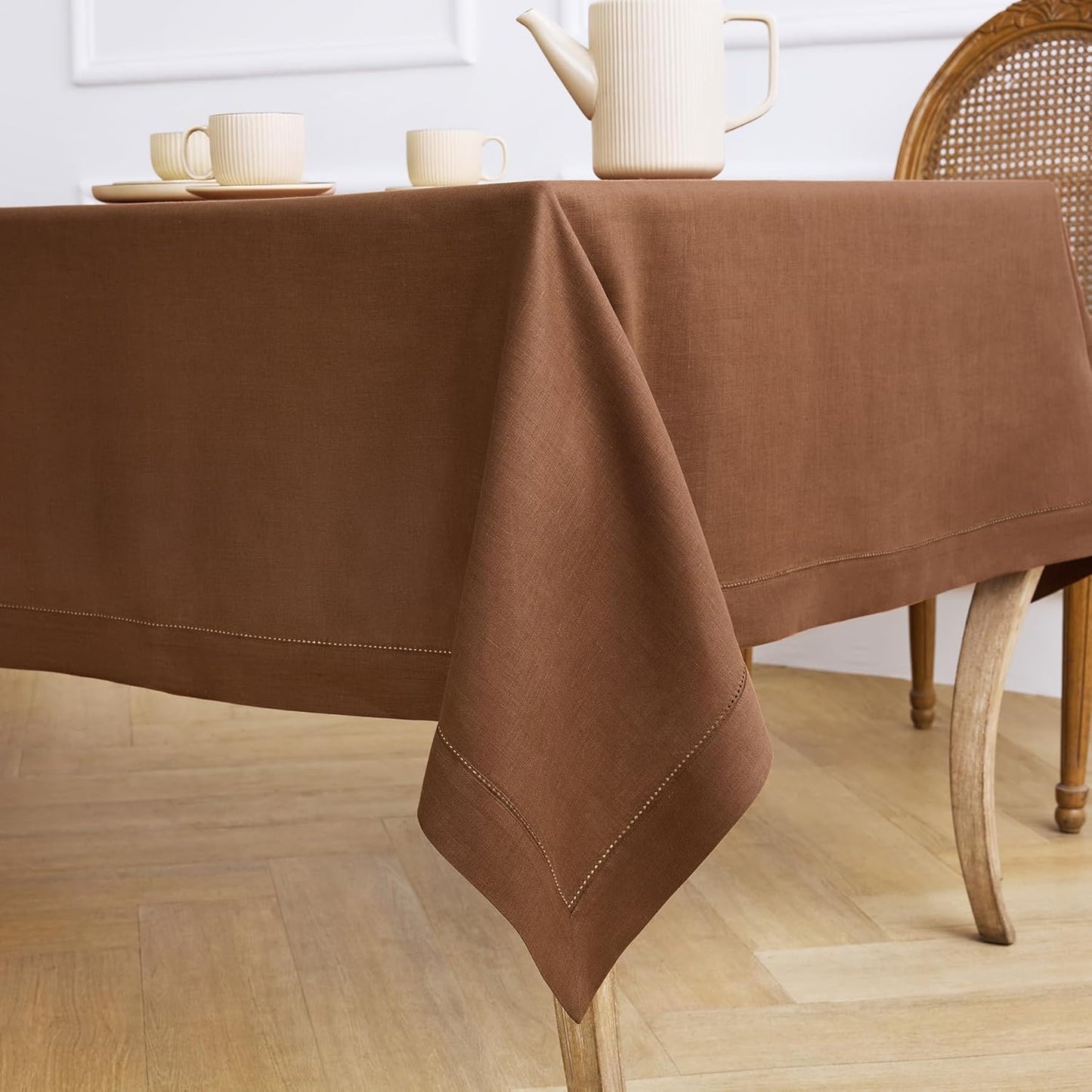 Solino Home Linen Tablecloth 60 x 108 Inch - Classic Hemstitch 100% Pure Linen Brown Table Cloth for Rectangle Tables - Machine Washable Tablecloth for Fall, Autumn, Thanksgiving