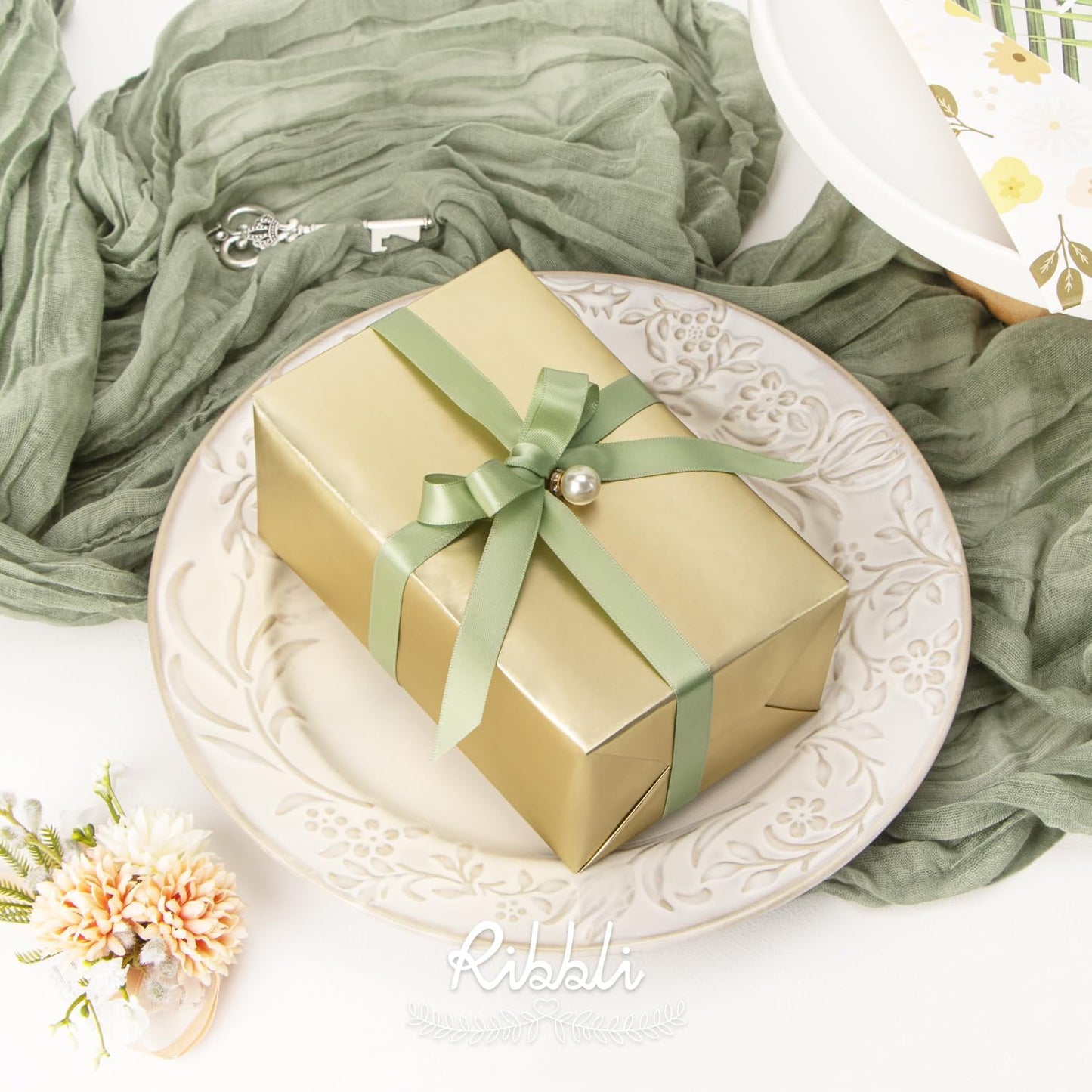Ribbli Sage Green Satin Ribbon Double Faced Satin 1/2 Inch x Continuous 100 Yards-Spring Moss Ribbon for Gift Wrapping Crafts Wedding Decoration Bows Bouquet Floral Arrangement