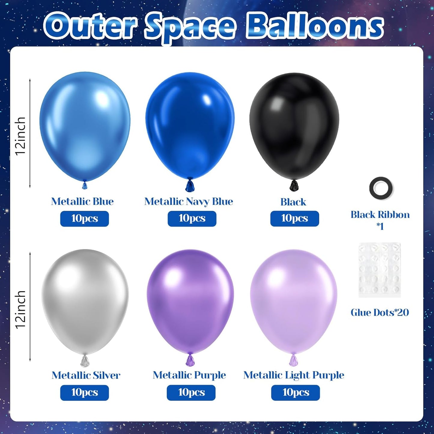 60pcs 12inch Space Balloons, Black Metallic Blue Purple Silver Balloons for Birthday Astronaut Space Themed Party Decorations