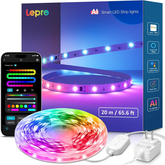 Lepro S1 AI LED Strip Lights for Bedroom - 65.6ft Smart RGB Light Strips with IC and Rainbow Chasing Effects, Color Segment DIY, AI Generated Lighting, No Remote, 2.4G Wi-Fi & Bluetooth