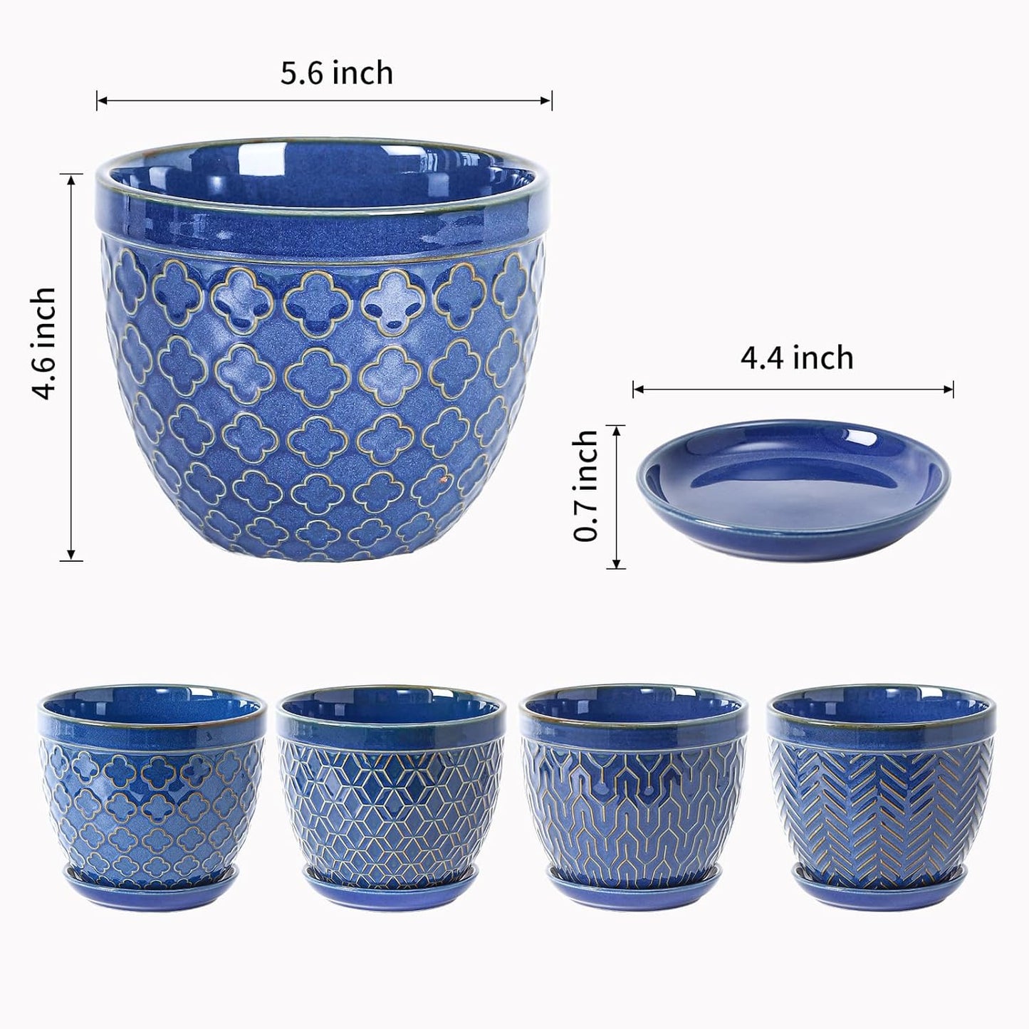 Sureasy Ceramic Indoor Plant Pots - 5.6 Inch Flower Pots for Plants with Drainage Hole and Saucer, Embossed Planter for Succulents, Orchid, Cactus, Indoor Home Decor, Set of 4, Blue