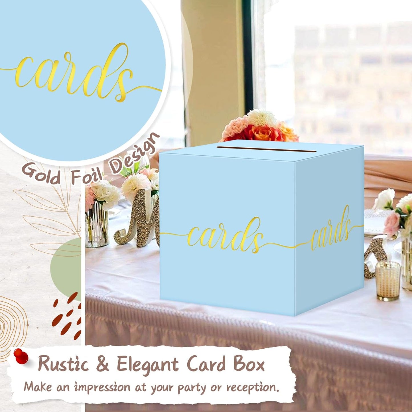 QIKSION Light Blue Wedding Card Box, Gold Foil Gift Card Box for Party, Wedding Reception, Birthday, Baby Shower, Raffle, Graduation