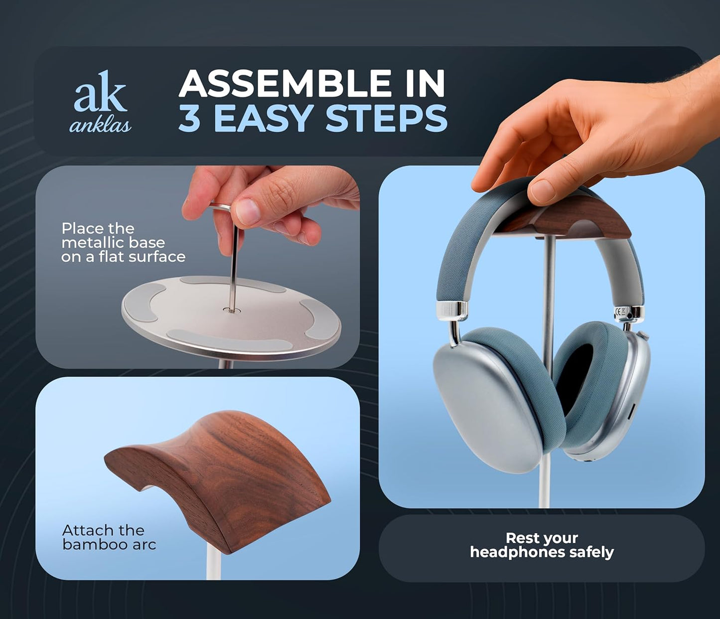 Headphone Stand for Desk – Premium & Minimalist Headset Holder with Round or Oval Base for Gaming, Office & Home (Silver Wood, Standard)