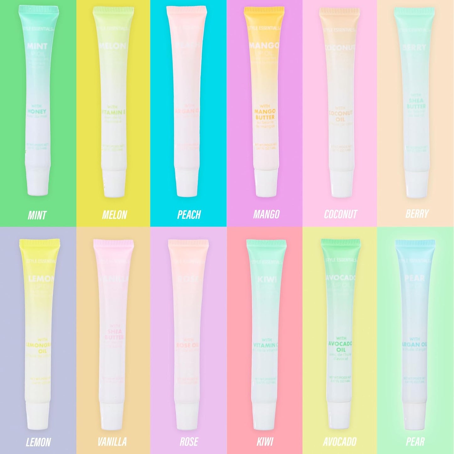 EXPRESSIONS 12pc Lip Oil Set - Flavored Lip Oils Value Pack, Hydrating Lip Oils w/Squeeze Tube Application, Moisturizing Lip Oil Collection for Everyday Lip Care and Lip Repair (FRUITS)