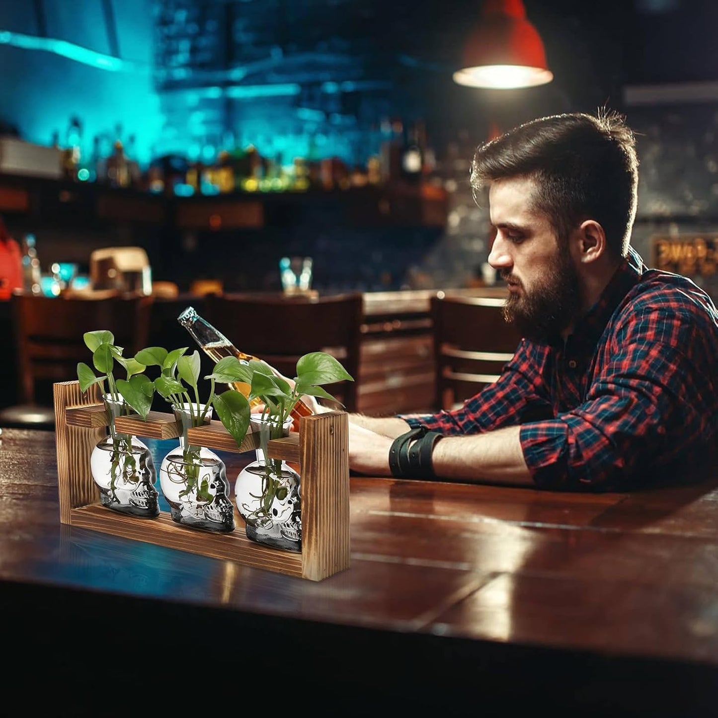 Plant Terrarium Propagation Stations Hydroponics Halloween Skull Planter Vase Skulls Decor with Wooden Stand Gife for Father