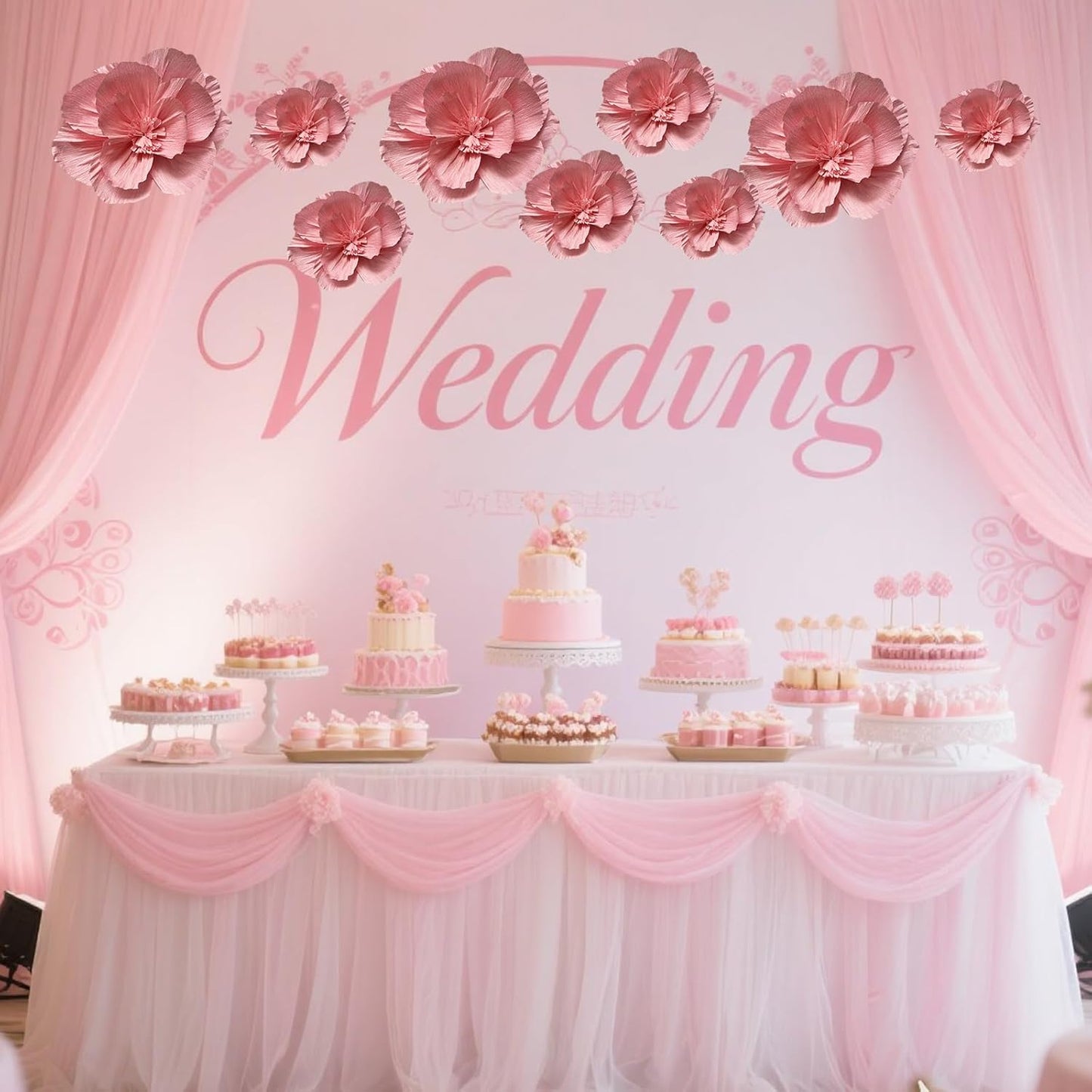 BRT Bearingshui Crepe Paper Flowers Decoration for Wall Total 9 Pcs, Artificial Flowers for Wedding Decor,Flower Backdrop Decor, Baby Bridal Shower Birthday Party, Pink 3D Wall Flowers Decor