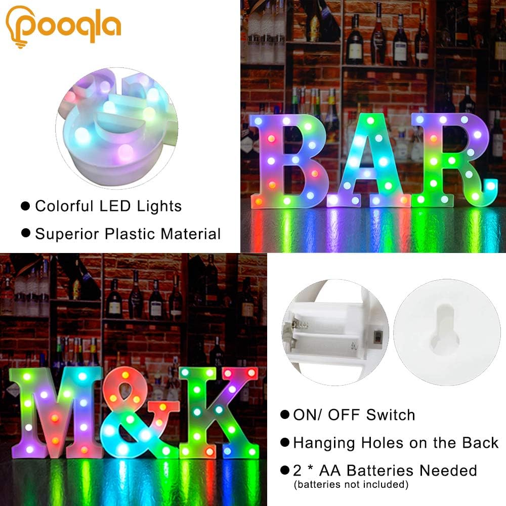 Pooqla Colorful LED Marquee Letter Lights with Remote – Light Up Signs Party Bar Letters Decorations for The Home - Multicolor E