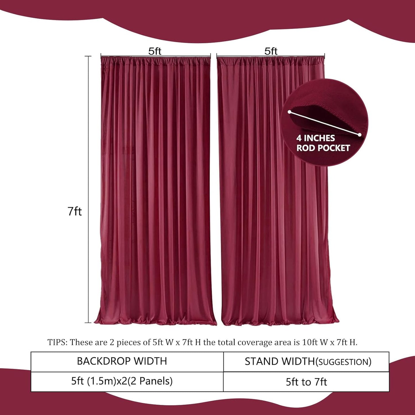 2 Panels Burgundy Backdrop Curtain, 10 x 7 Feet Background Curtains for Parties, Weddings, Baby Showers, Bachelorette Halloween, Christmas Birthday Party Photoshoot Backdrop Curtains Decorations