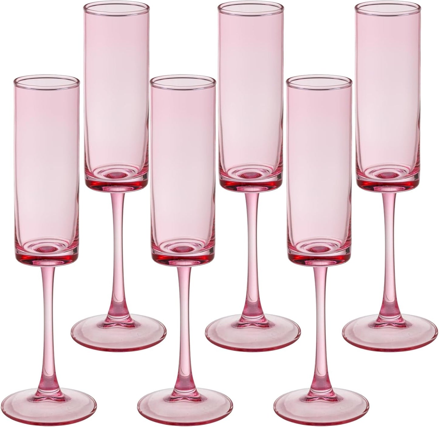 6 Pieces Pink Champagne Flutes 6 OZ Straight Sided Wine Glasses Champagne Long Stem Drinking Colored Glasses,Set of 6 Hand Blown Champagne Flutes Goblets for Wedding Cocktail Cups,Cava, Prosecco
