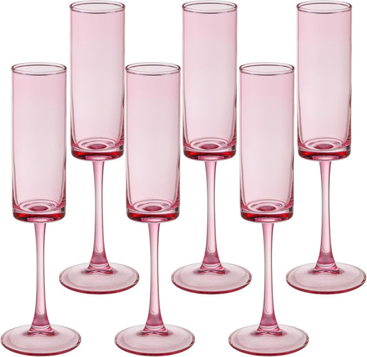 6 Pieces Pink Champagne Flutes 6 OZ Straight Sided Wine Glasses Champagne Long Stem Drinking Colored Glasses,Set of 6 Hand Blown Champagne Flutes Goblets for Wedding Cocktail Cups,Cava, Prosecco