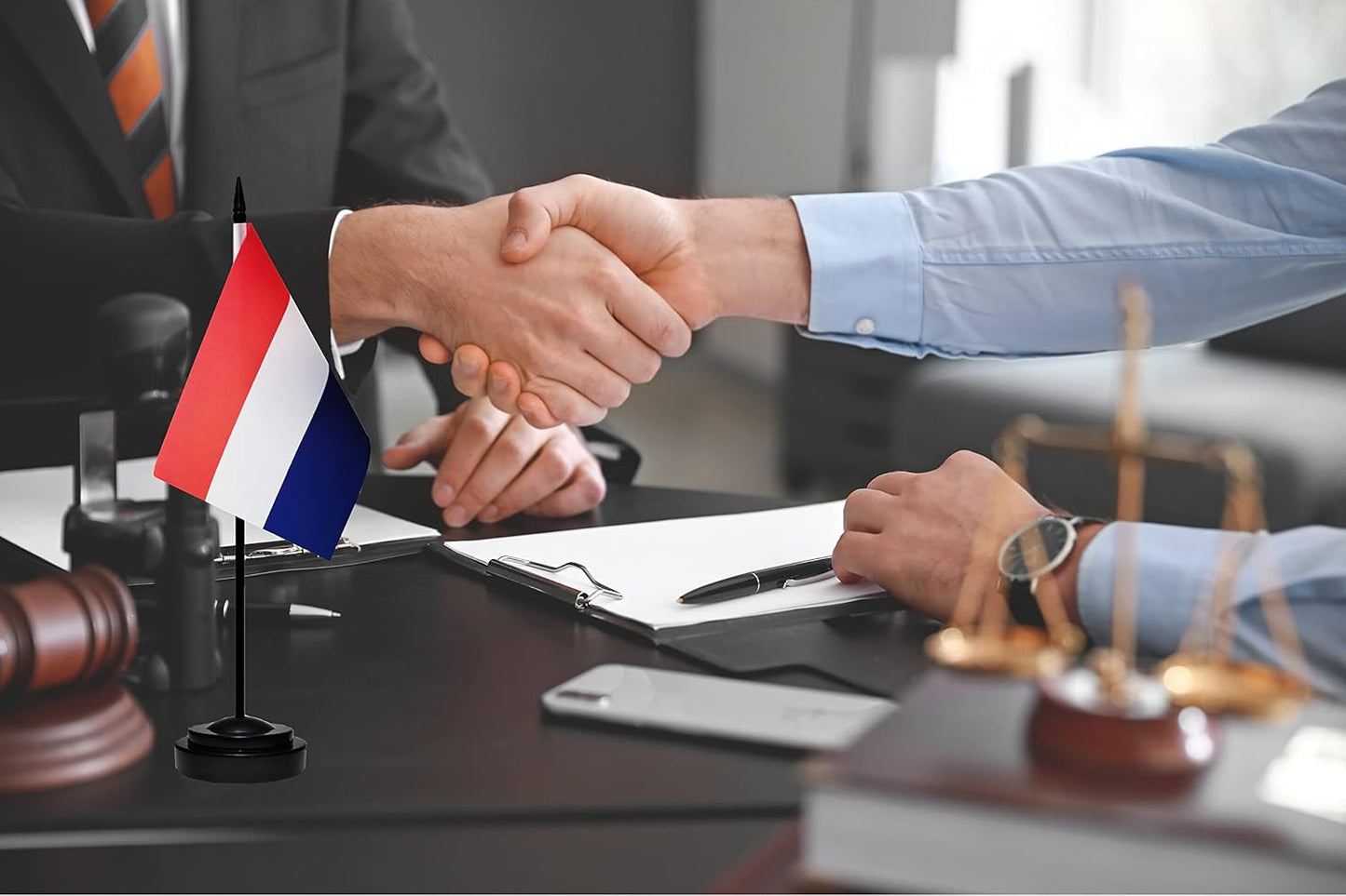 Netherlands Dutch Deluxe Desk Flag Set, Small Mini Miniature Netherlands Dutch Table Desktop Flags With Solid Pole, Black Base and Spear Top(2 Pack)