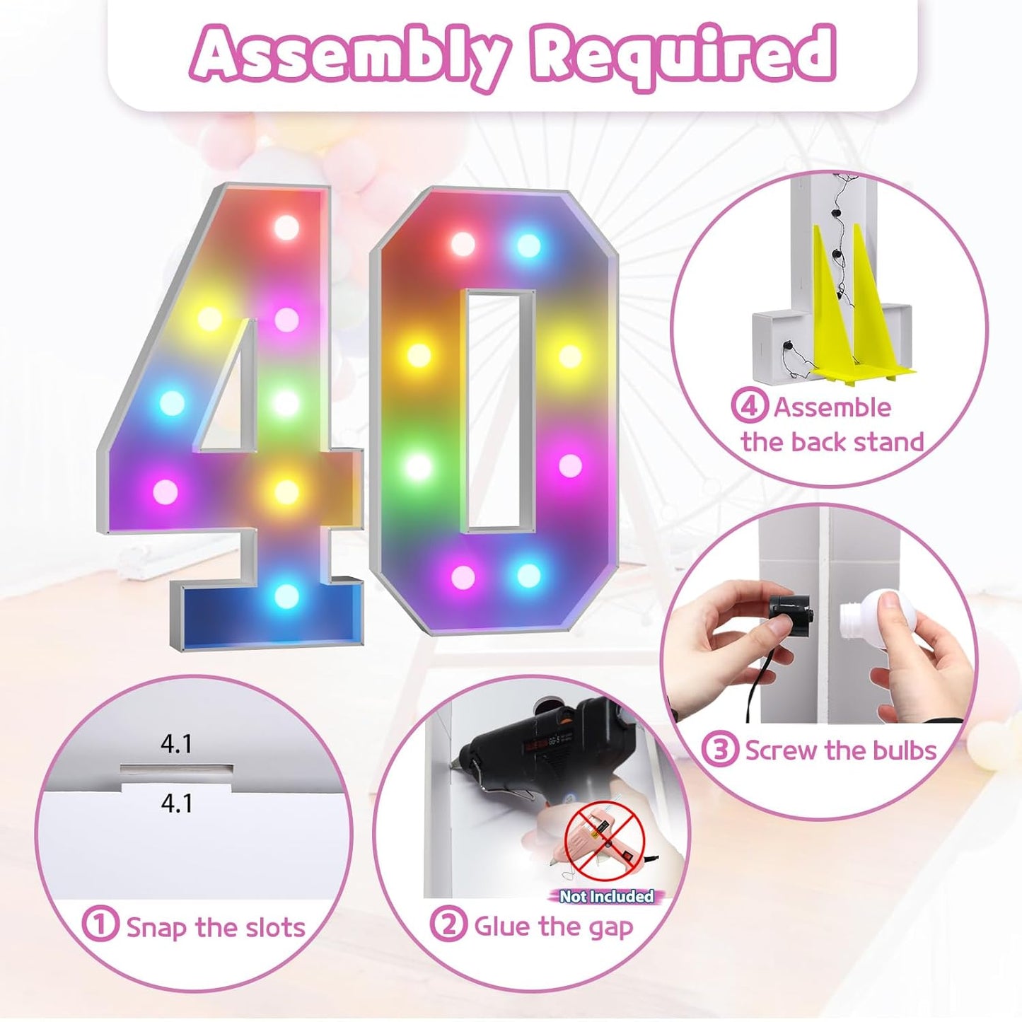 Marquee Numbers 40th-Birthday Decoration: Colorful 3FT Large Light Up 40 Year Old Birthday Decorations Anniversary Backdrop for Boys Girls Cardboard Sign 18 Colors Number 40 Mosaic Balloon Frame