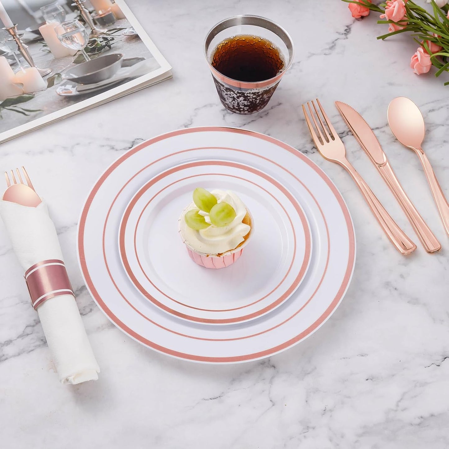 Goodluck 175 Piece Rose Gold Plastic Dinnerware Set for 25 Guests, Fancy Disposable Plates for Party, Include: 25 Dinner Plates, 25 Dessert Plates, 25 Pre Rolled Napkins with Silverware, 25 Cups