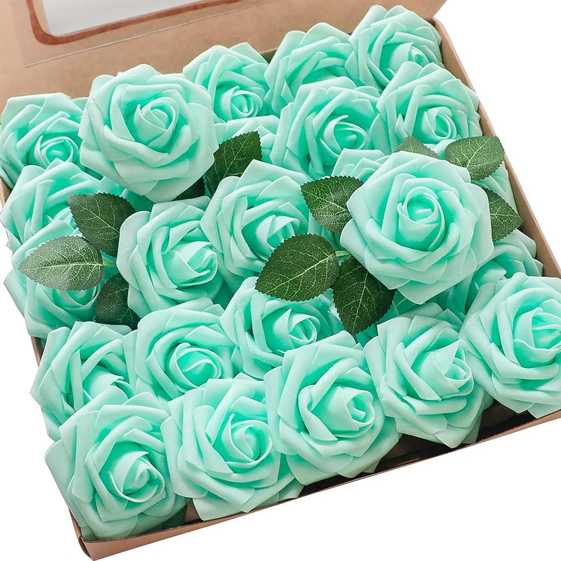 Floroom Artificial Flowers 25pcs Real Looking Robin's Egg Blue Foam Fake Roses with Stems for DIY Wedding Bouquets Baby Shower Centerpieces Floral Arrangements Party Tables Home Decorations